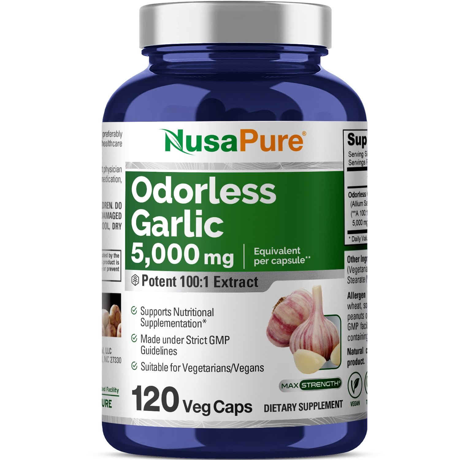 NusaPure Odorless Garlic 100:1 Extract, 50 mg Equivalent to 5000mg Capsule | 120 Veggie Caps | High Potency | Herbal Supplement | Non-GMO | Vegan NusaPureAu supplements