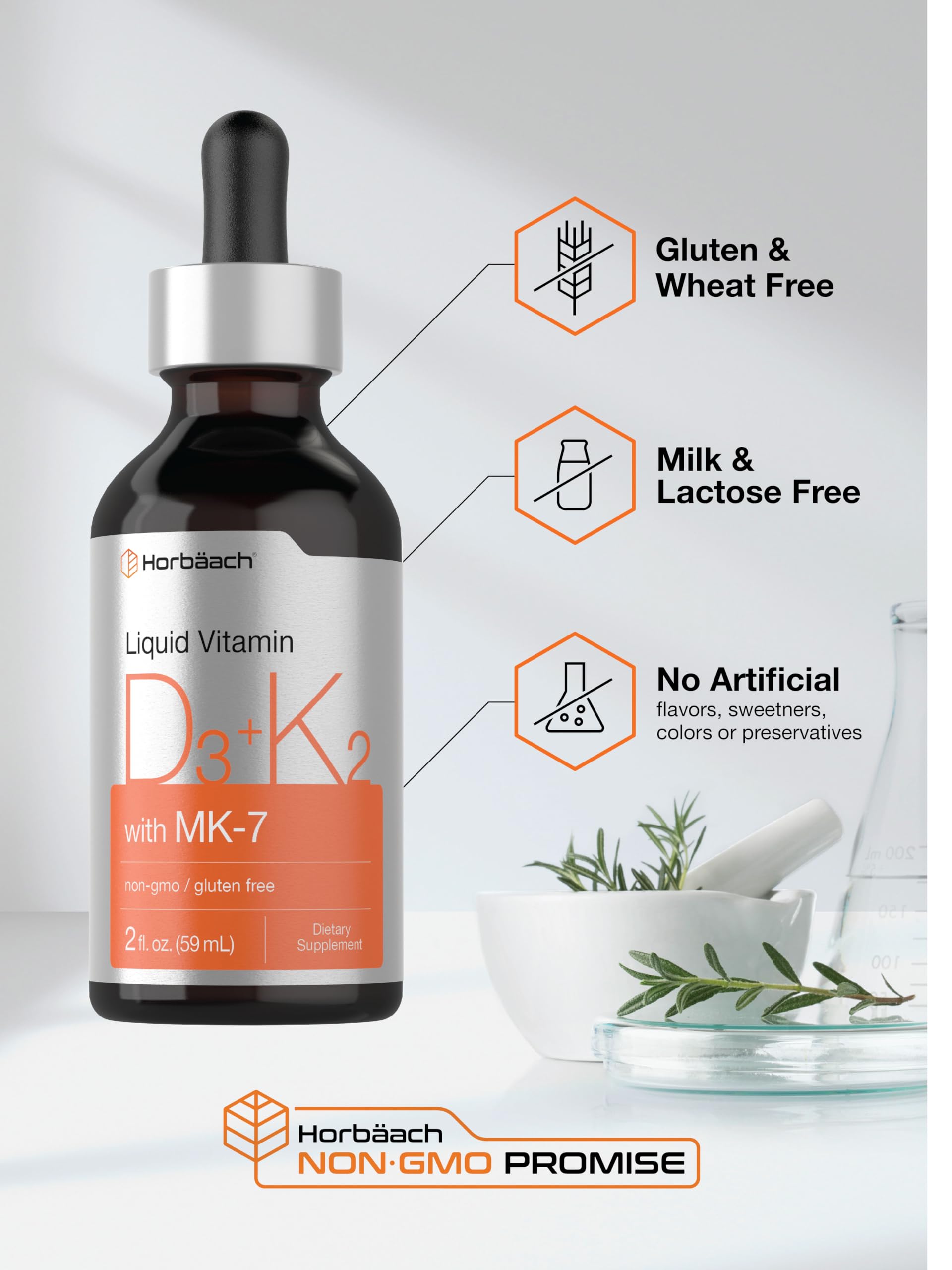 Horbäach Vitamin D3 + K2 Liquid Drops | with MK7 | 2 Fl Oz | Vegetarian | Non-GMO HorbäachUS supplements