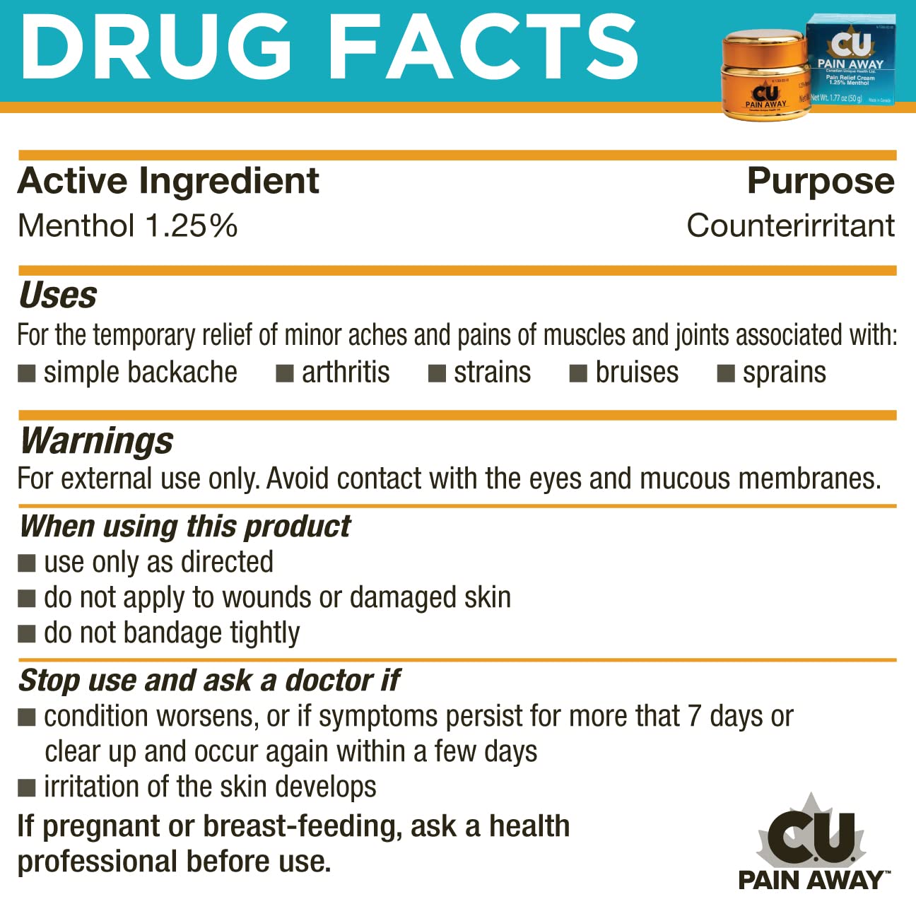 Arthritis Pain Relief Cream - C.U. Pain Away. Reduce Inflammation, Improve Mobility, Rapid Relief. Effective Muscle and Joint Pain Relief. All-Natural Ingredients. C.U. Pain AwayAu supplements