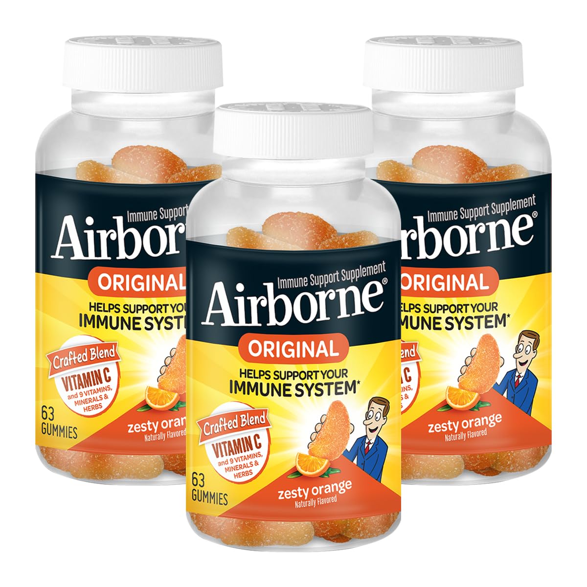 Airborne 750mg Vitamin C Immune Support Supplement Gummies for Adults, Zesty Orange Flavor, Gluten Free Crafted Blend with Powerful Antioxidants Vitamins A C & E, 63 Gummies (3 Pack) AirborneAu supplements