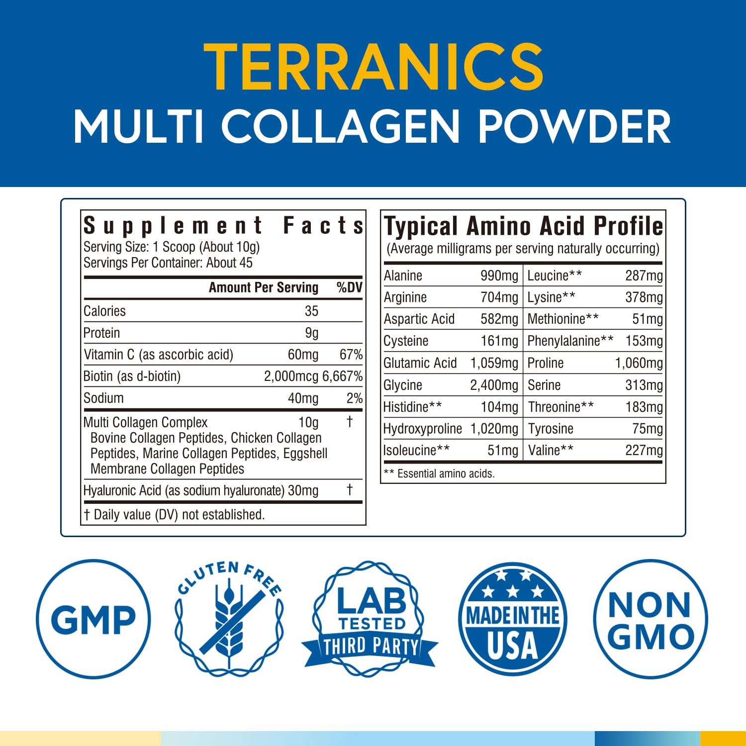 Terranics Multi Collagen Powder Type I II II V X with Biotin VC Hyaluronic Acid, Paleo TerranicsUS supplements