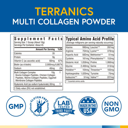 Terranics Multi Collagen Powder Type I II II V X with Biotin VC Hyaluronic Acid, Paleo TerranicsUS supplements