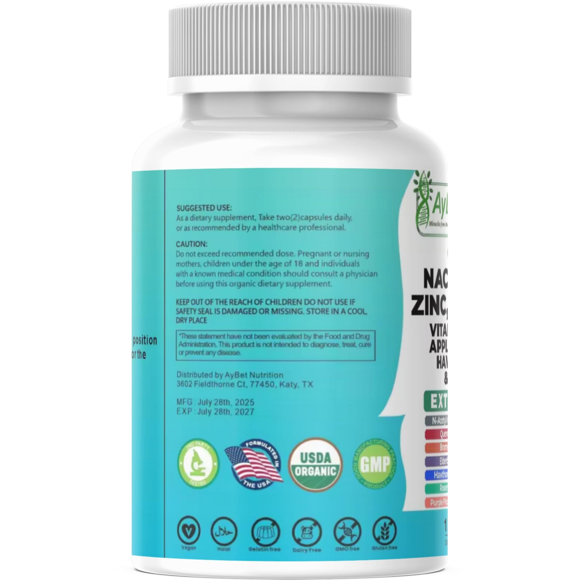 NAC-n-acetyl cysteine- Quercetin Zinc Bromelain Supplement | Extra Strength with Vit C, D3, Apple Cider Vinegar, Elderberry, Hawthorn Berry, Turmeric | Immune Support|120 Vegan Capsules | USDA Organic AyBetAu supplements