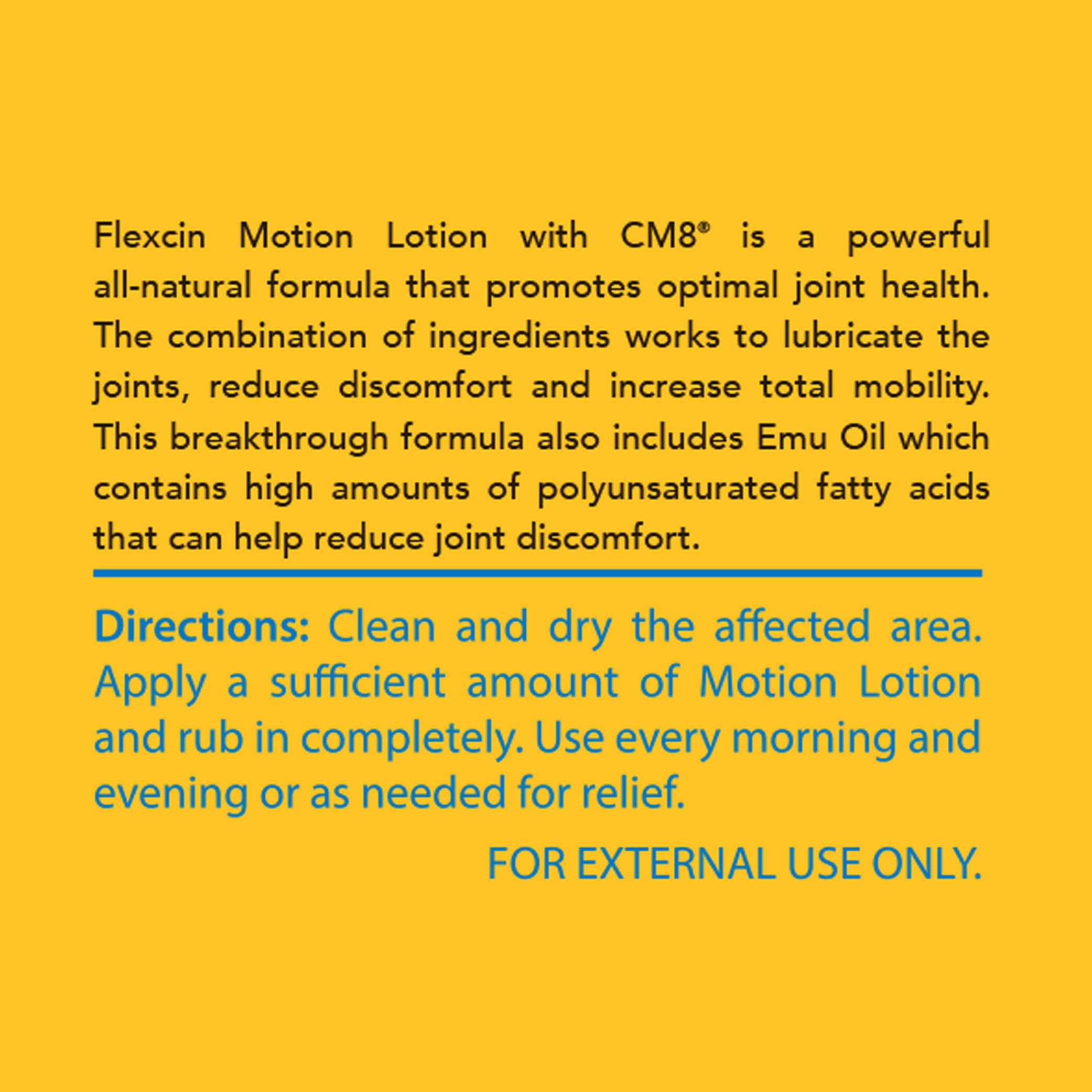 Flexcin Motion Lotion with CM8 - Joint & Muscle Therapy Cream for Back, Neck, Knee, Hand, Foot - Fast Absorbing with DMSO, Emu Oil, Aloe Vera - Non-Greasy 4oz Jar FlexcinAu supplements