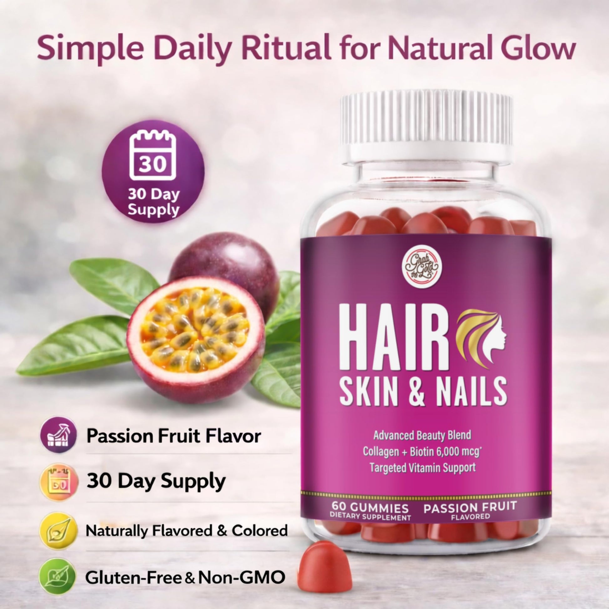 Grab The Gold Hair Skin & Nails Vitamins for Women | Gummies with 6000mcg Biotin & Collagen | 10 Essential Vitamin & Minerals | Gluten-Free, Non-GMO, Passion Fruit Flavor | 1 Month Supply, Made in USA Grab The GoldAu supplements