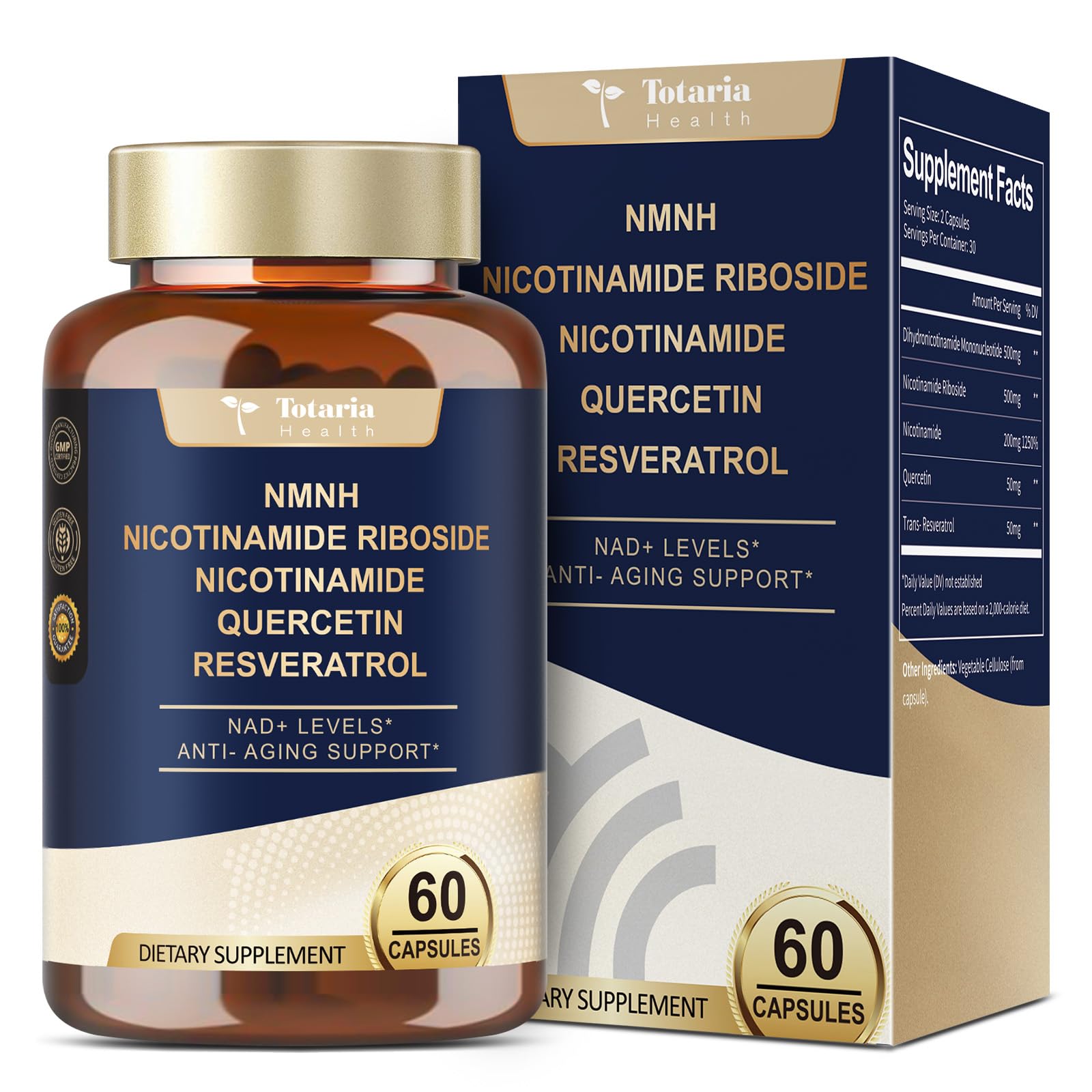 Totaria NMNH (NMN Alternative Supplement) (Dihydronicotinamide Mononucleotide) Ultra Strength, NAD+ Support w/Resveratrol & Quercetin, Ultra Absorption for Anti-Aging, Vegan, 60 Counts TotariaAu supplements