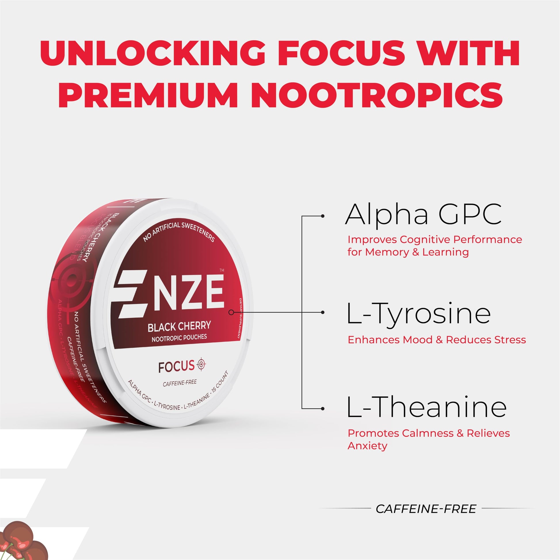 NZE Caffeine Free Nootropic Pouches (Black Cherry) - Nootropic Pouches with Alpha GPC, L-Tyrosine & L-Theanine - No Sugar or Artificial Sweeteners - 15 Pouches Per Can - 5 Pack NZEAu supplements