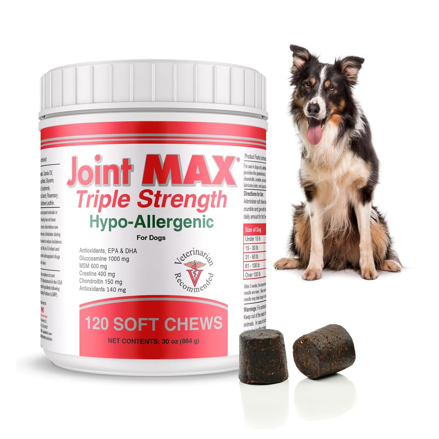 Joint MAX Triple Strength Hypo-Allergenic Soft Chews for Dogs - Hip and Joint Support Supplement with Glucosamine, Chondroitin, & MSM - Made in The USA - 120 Soft Chews Joint MaxAu supplements
