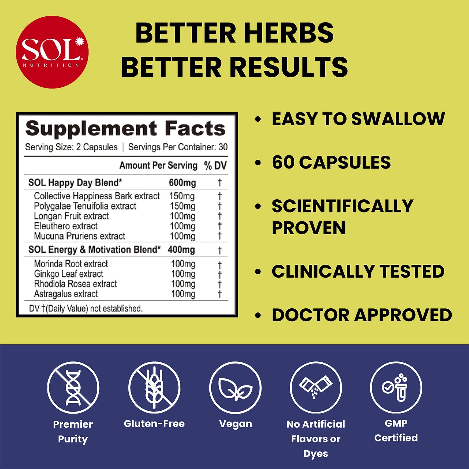 Sol Nutrition Happy Day Supplement: Combining The Natural Herbal Properties of Collective Happiness Bark, Astragalus, and Gingko Biloba to Support a Healthy Lifestyle - 60 Easy to Swallow Capsules Sol NutritionAu supplements