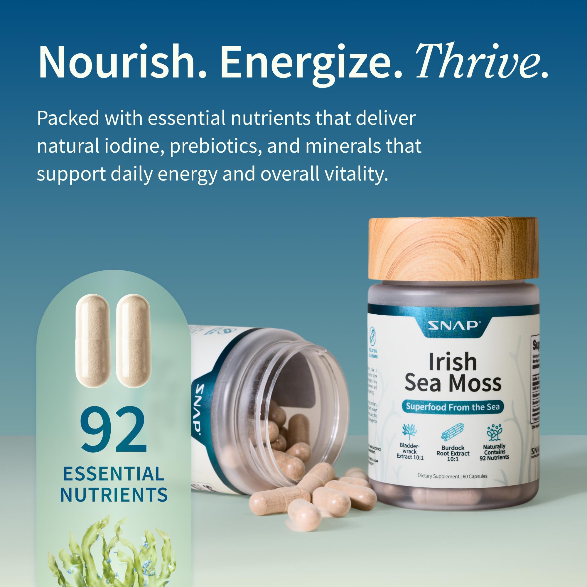 Snap Supplements Irish Sea Moss with Bladderwrack, Burdock Root & Iodine – Natural Sea Moss Supplement to Support Gut Health, Energy & Healthy-Looking Skin, 60 Vegan Capsules (1 Month Supply) Snap SupplementsAu supplements