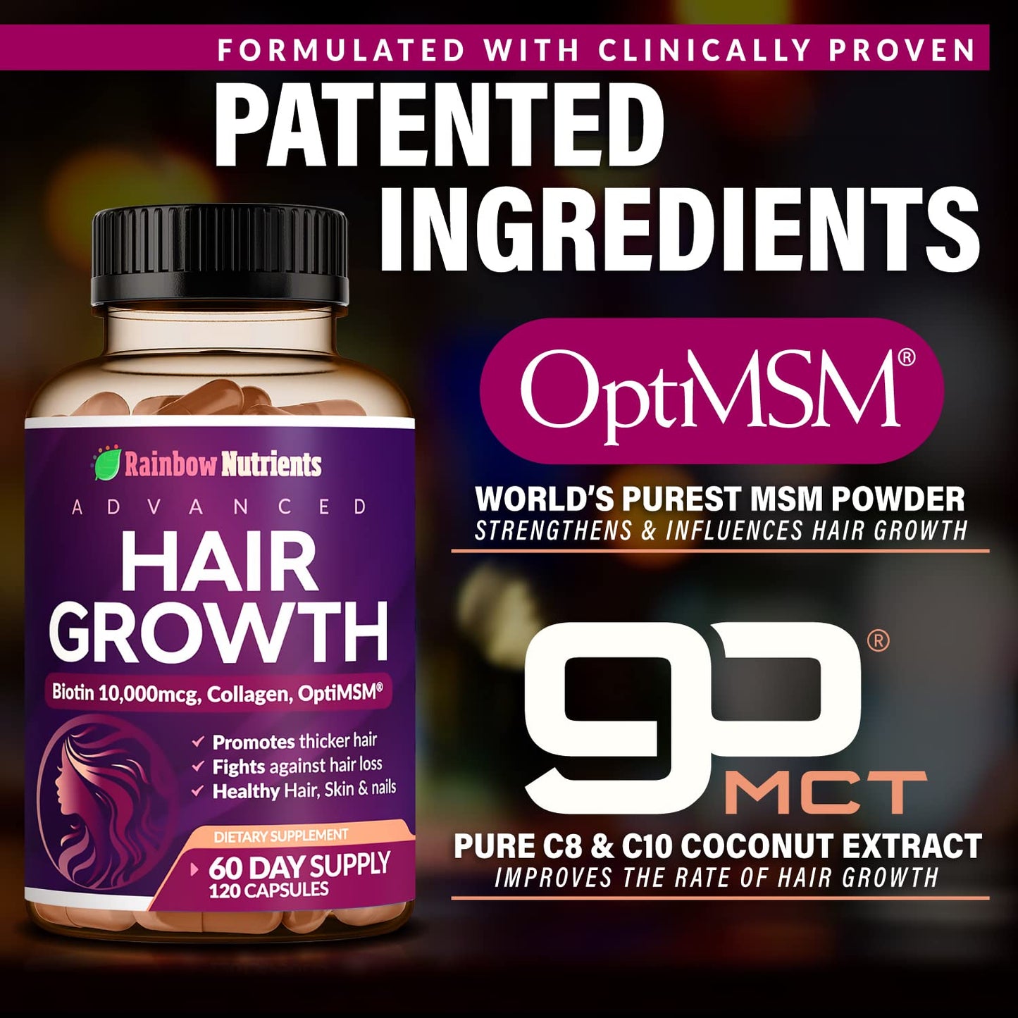 Hair Growth Vitamins for Women | Biotin 10,000mcg, Collagen, Patented OptiMSM®, goMCT Rainbow Nutrients, LLCUS supplements