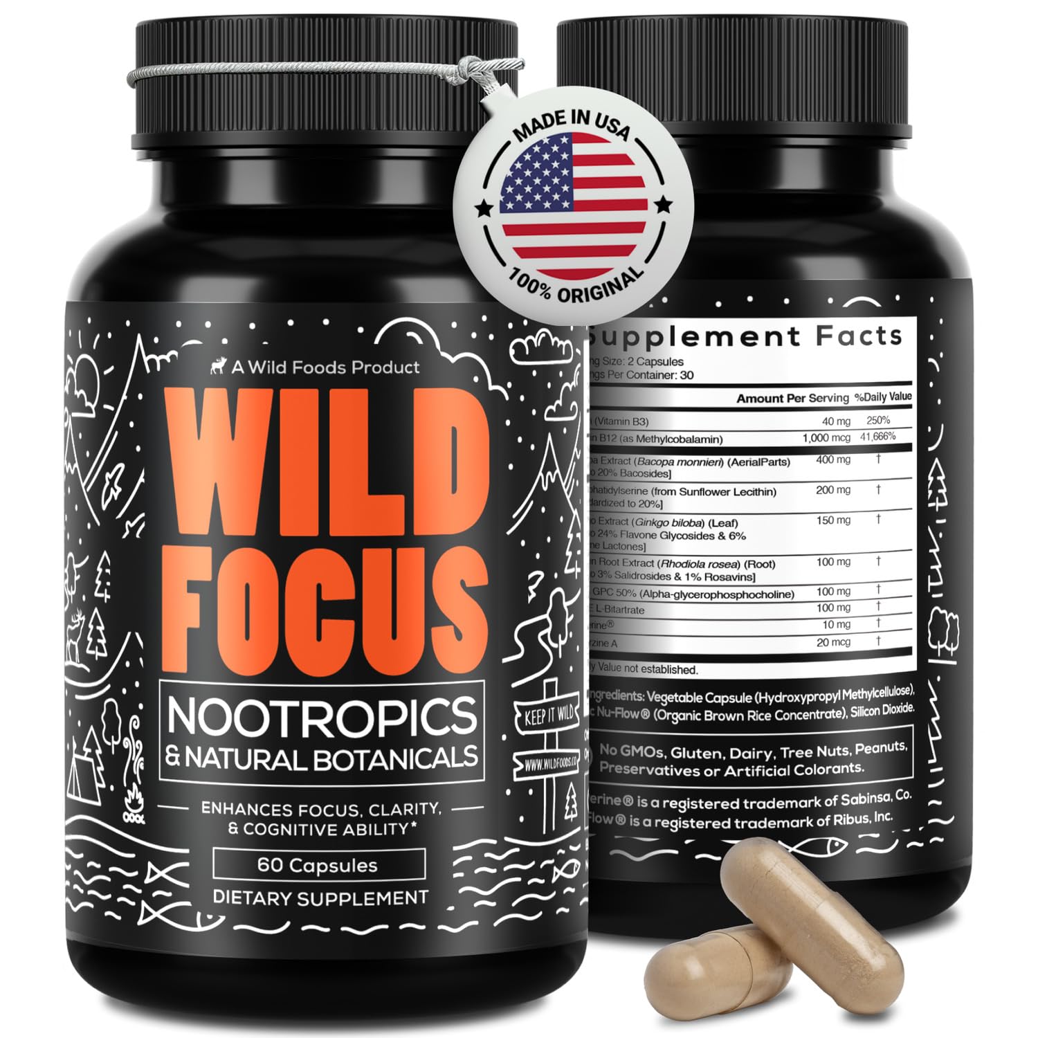 Wild Focus Brain Supplements | Caffeine-Free, Plant-Based Botanicals | Lions Mane, Ginkgo Biloba, Bacopa Monnieri, Lemon Balm | 100% Natural Nootropic | 60 caps Wild FoodsAu supplements