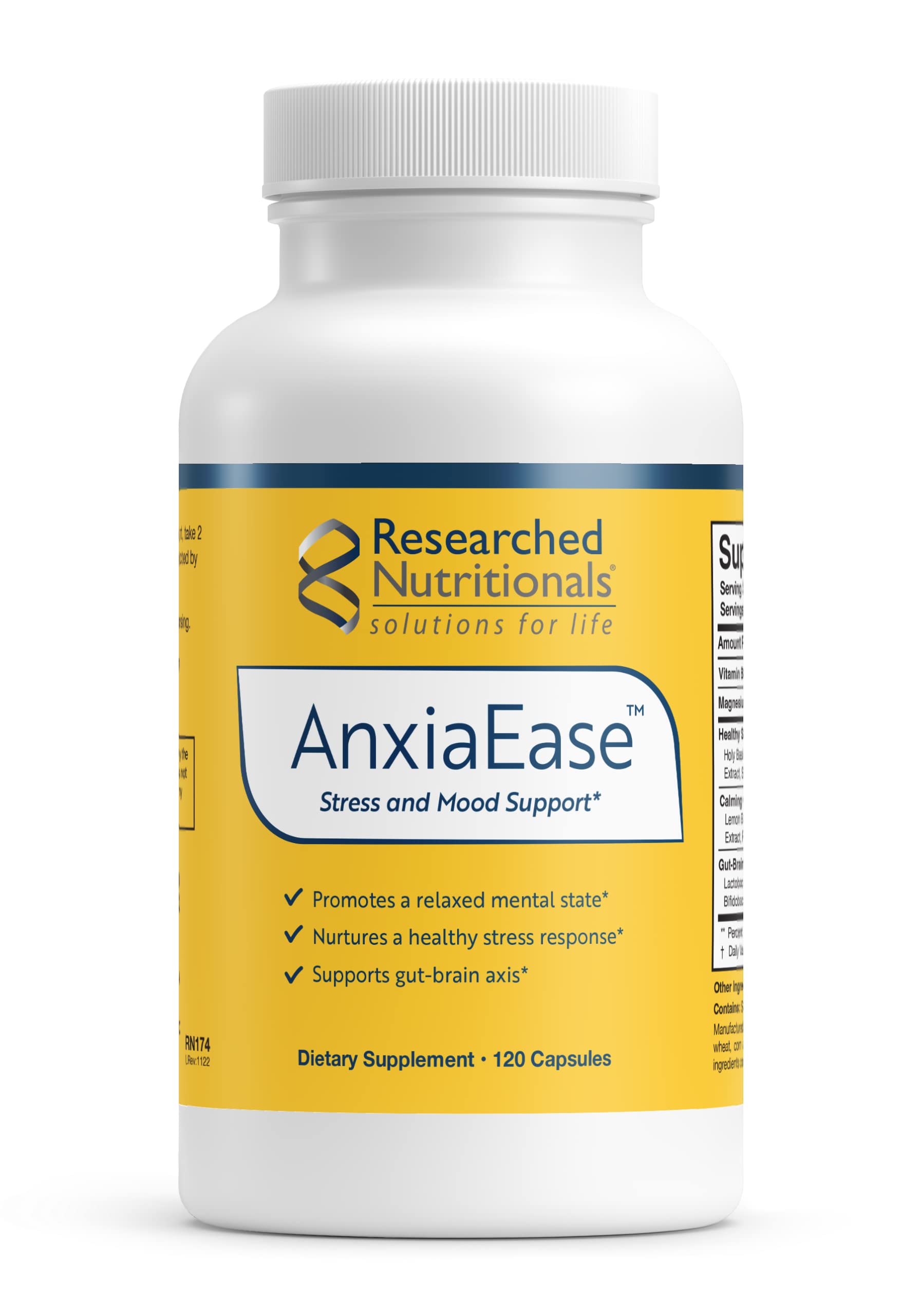 Researched Nutritionals AnxiaEase - Stress, Cortisol Management & Mood Support Supplement - Botanicals, Vitamin B6, Magnesium & 'Psychobiotic' Probiotic Strains (120 Capsules) Researched NutritionalsAu supplements