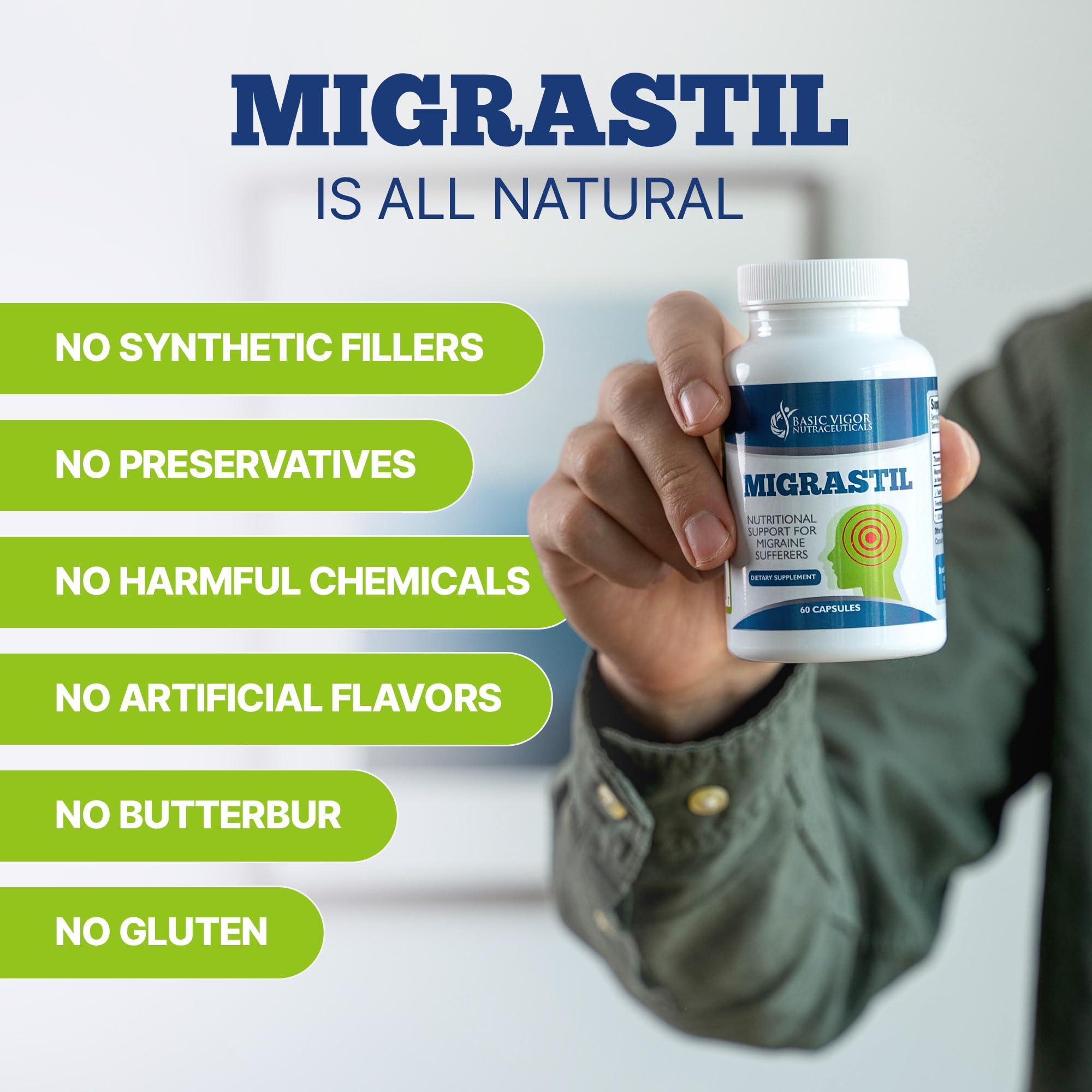 Basic Vigor Migrastil Migraine Support Capsules. Feverfew, Magnesium, Taurine & Vitamin B1 for Migraines Natural Supplement. Made in The USA. Vegan and Gluten Free. Basic VigorAu supplements