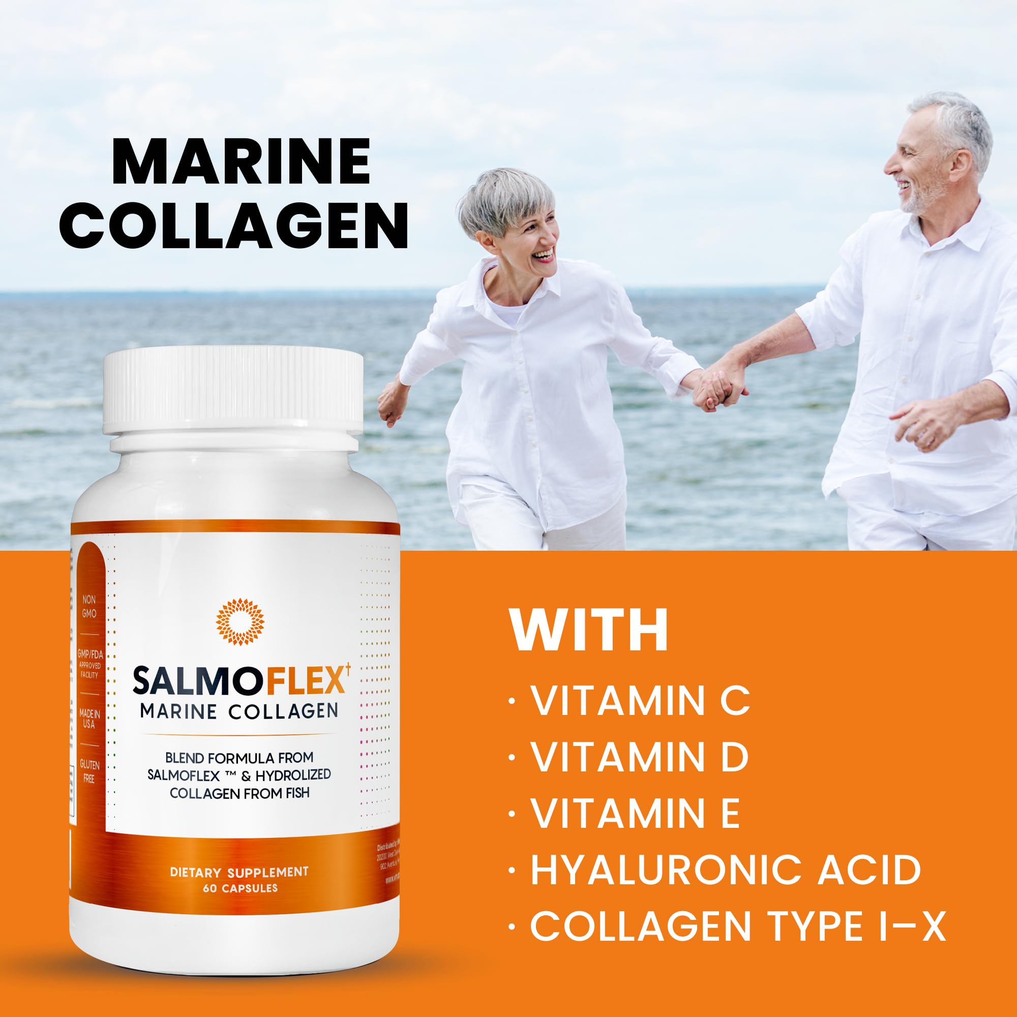 VITASEI Salmoflex Marine Collagen Peptides Pills W/Hyaluronic Acid, Vitamin C, D, E | Salmon Supplements - Hair, Skin, Nails | Multivitamin for Women & Men | Knee, Joint Relief - 60 Capsules VITASEIAu supplements