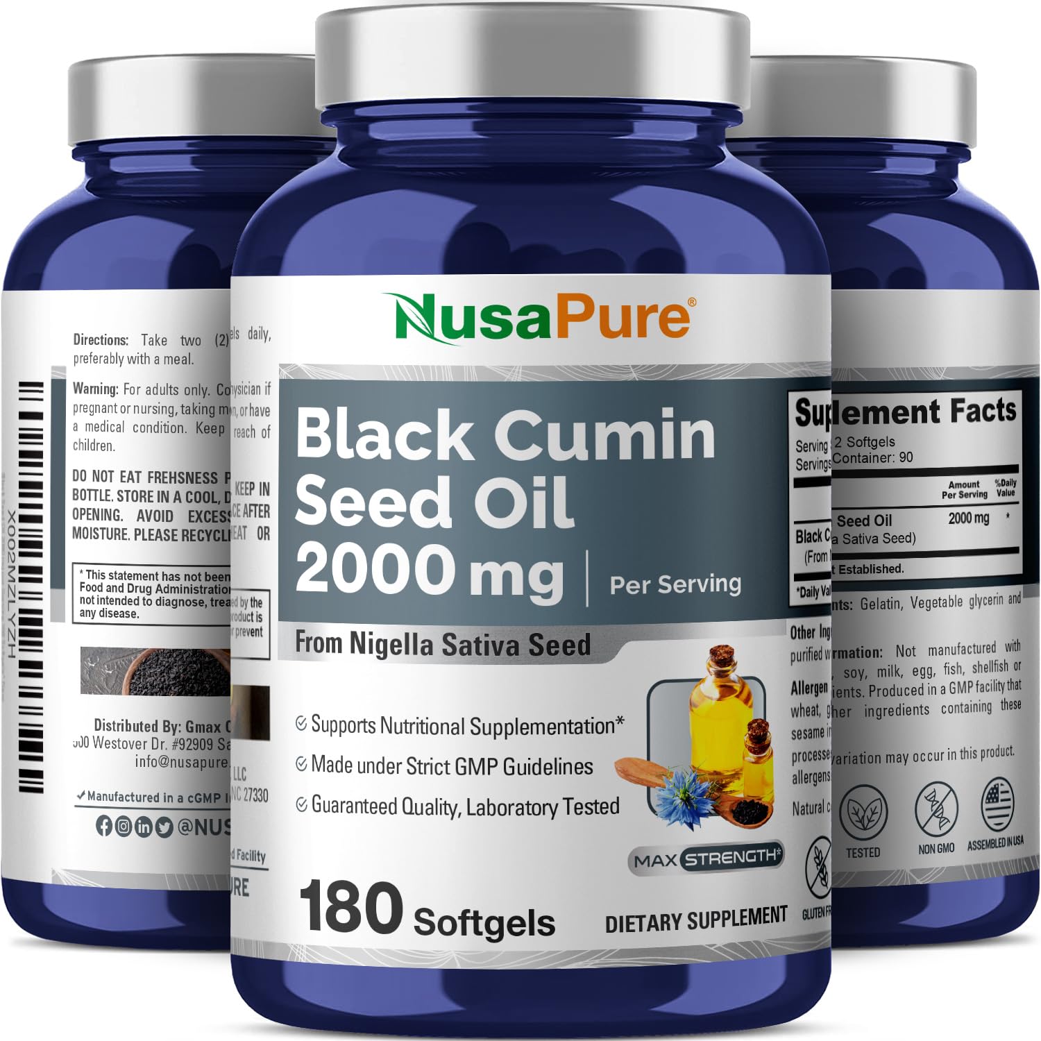 NusaPure Black Seed Oil 2000mg per Serving - 180 Softgel Caps (Non-GMO, Gluten-Free) Cold-Pressed Nigella Sativa NusaPureAu supplements