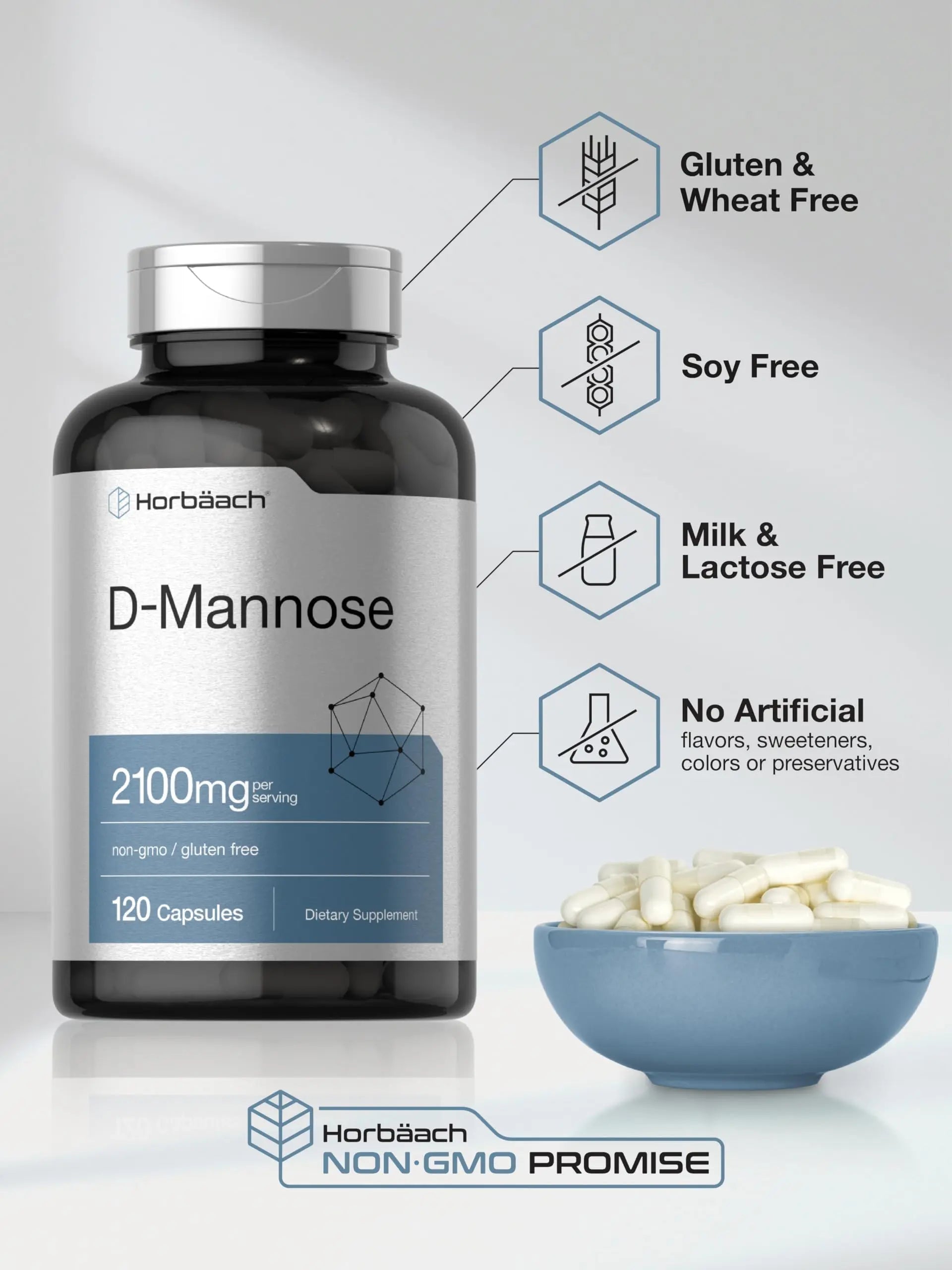 Horbäach D-Mannose Supplement 2100mg | 120 Capsules | Pills for Women and Men | Non-GMO & Gluten Free HorbäachAu supplements