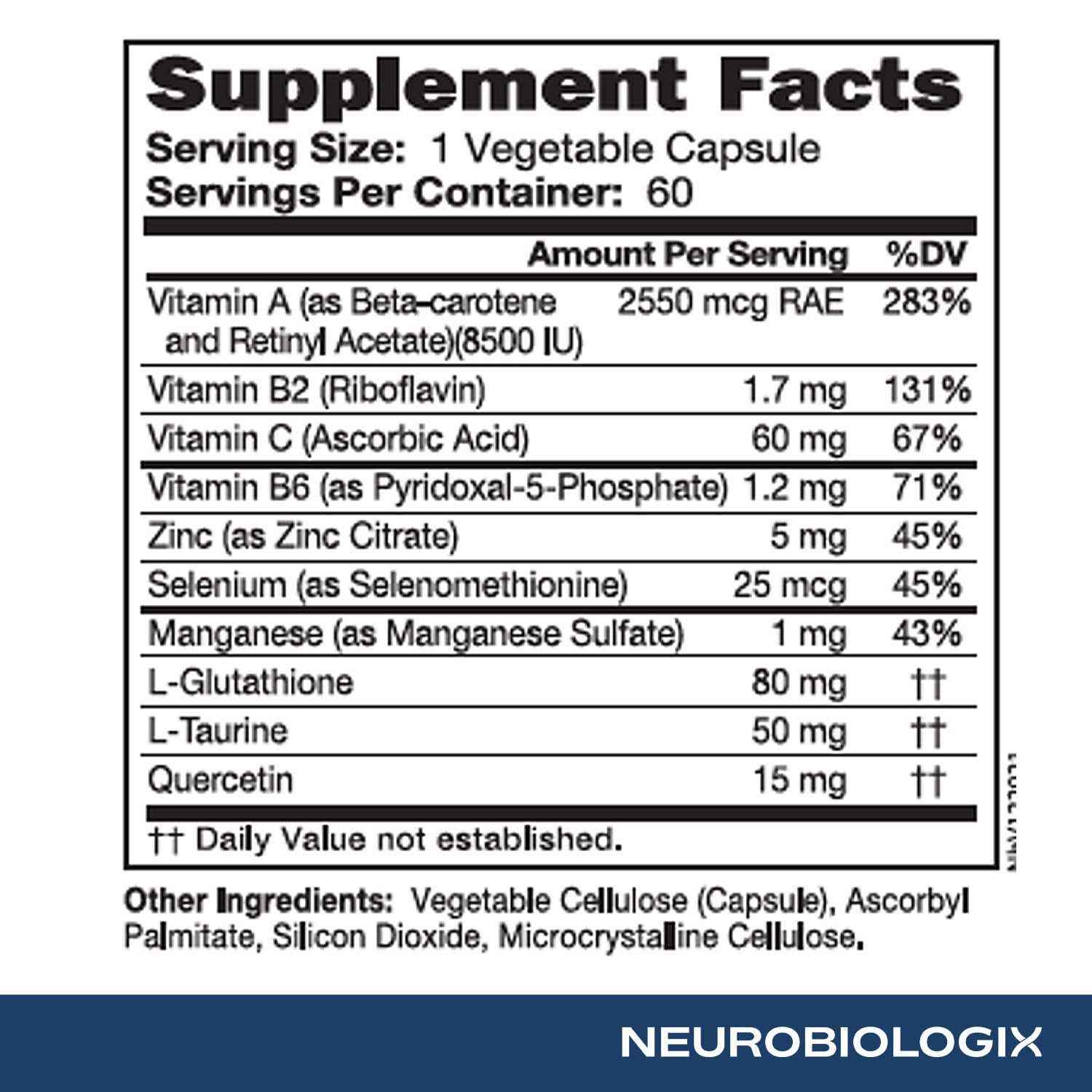 Neurobiologix Glutathione Ultra, L-Glutathione Antioxidant Complex with Vitamin C, A, B2, B6, Zinc, Selenium, Manganese, Taurine & Quercetin for Cellular Health, Gluten Free, 60 Vegetarian Capsules NeurobiologixAu supplements