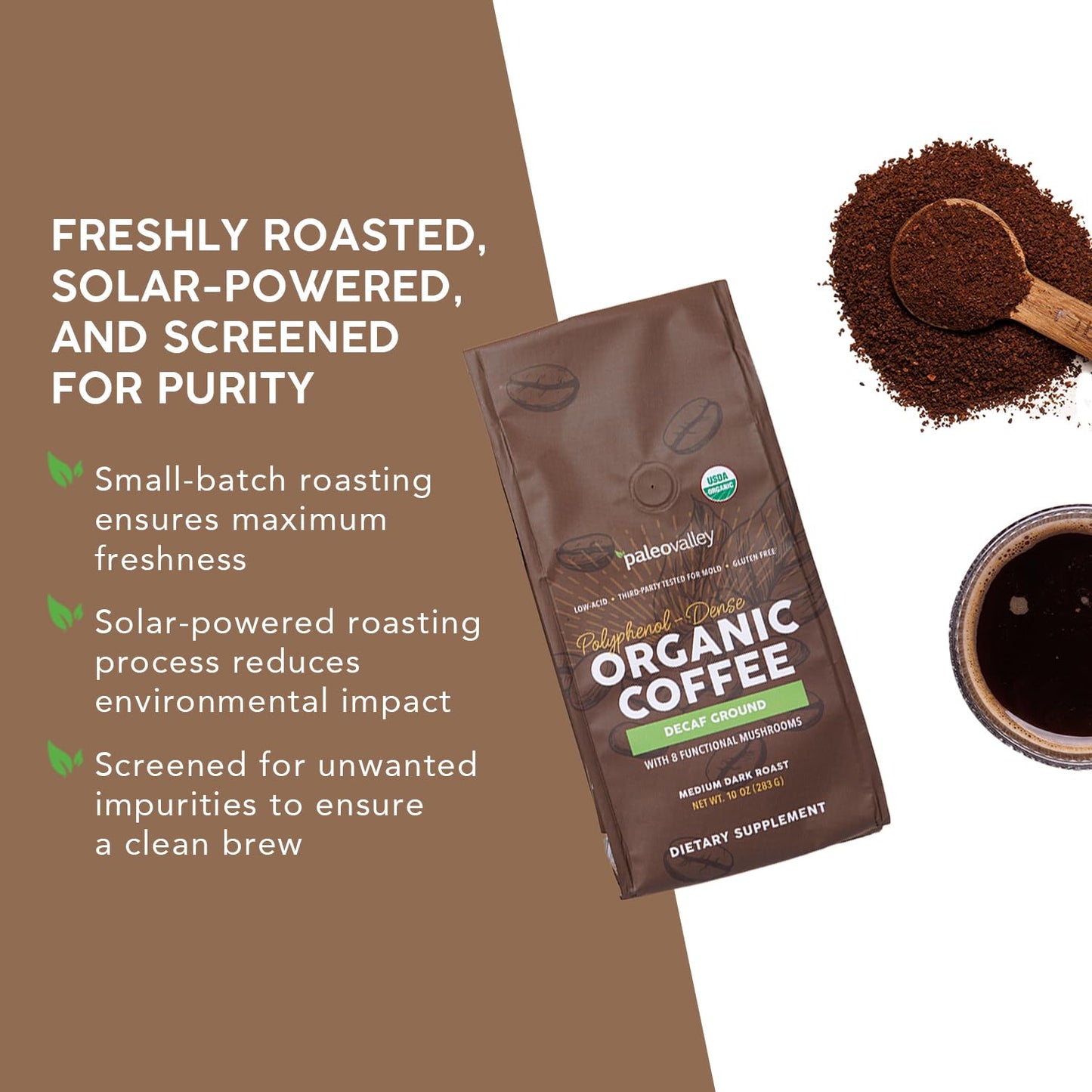Paleovalley Organic Ground Coffee, 10oz - Decaf, Low Acid, Single-Origin, Polyphenol-Rich, Infused with Mushrooms PaleovalleyUS supplements