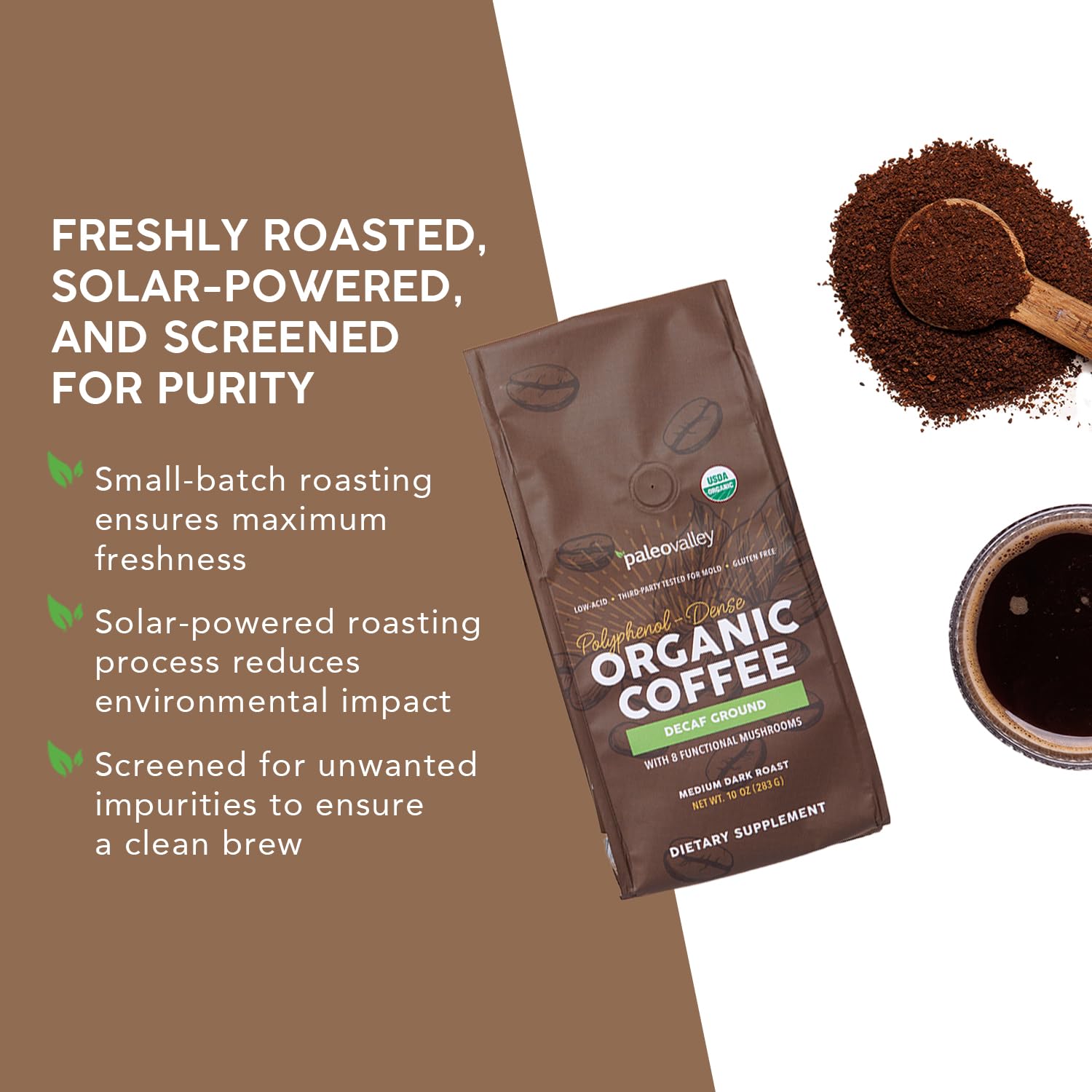 Paleovalley Organic Ground Coffee, 10oz - Decaf, Low Acid, Single-Origin, Polyphenol-Rich, Infused with Mushrooms PaleovalleyUS supplements