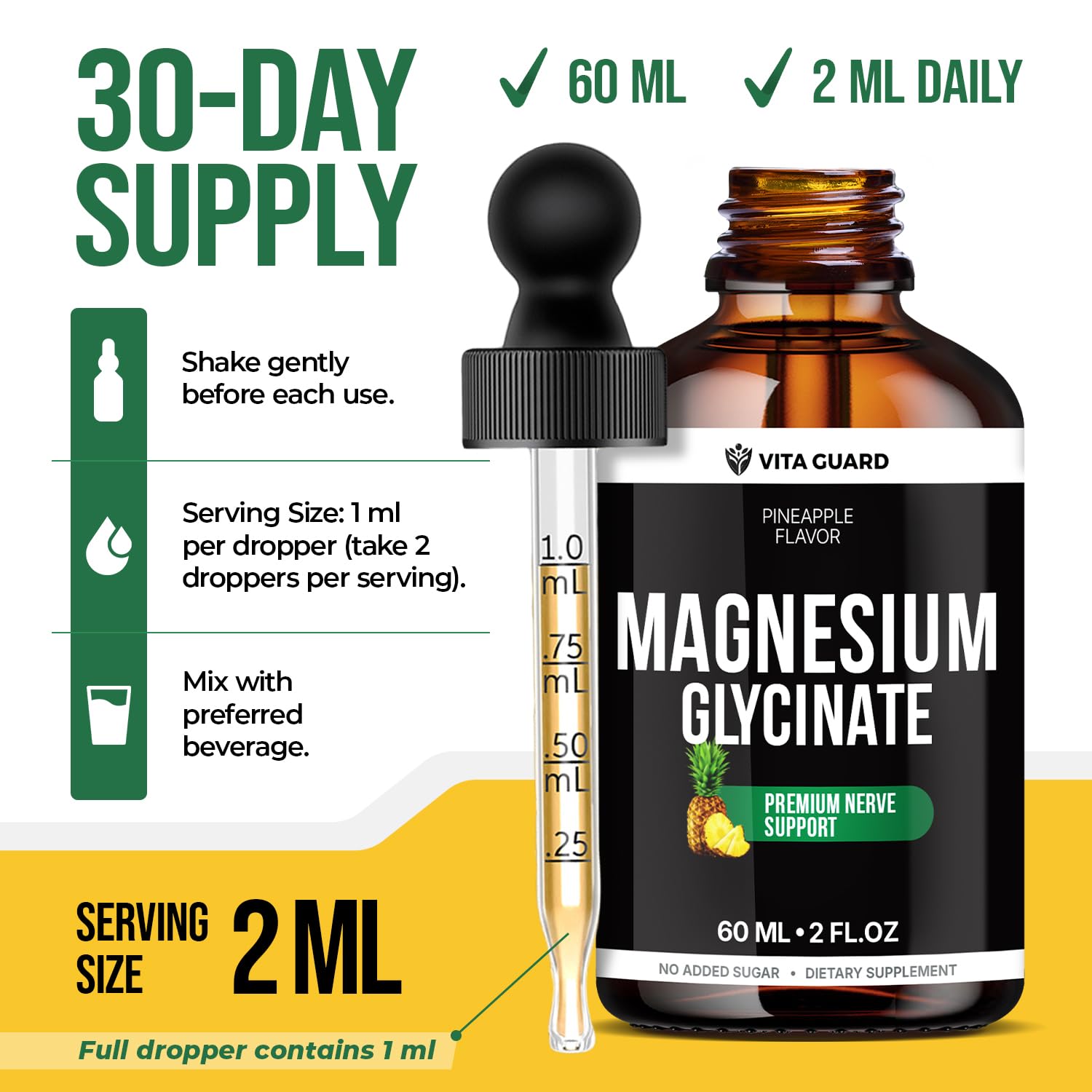 Magnesium Glycinate 500mg Liquid Drops – Sugar-Free Magnesium Supplement, Vegan Formula, 60 mL Flavor Pineapple Vita GuardAu supplements