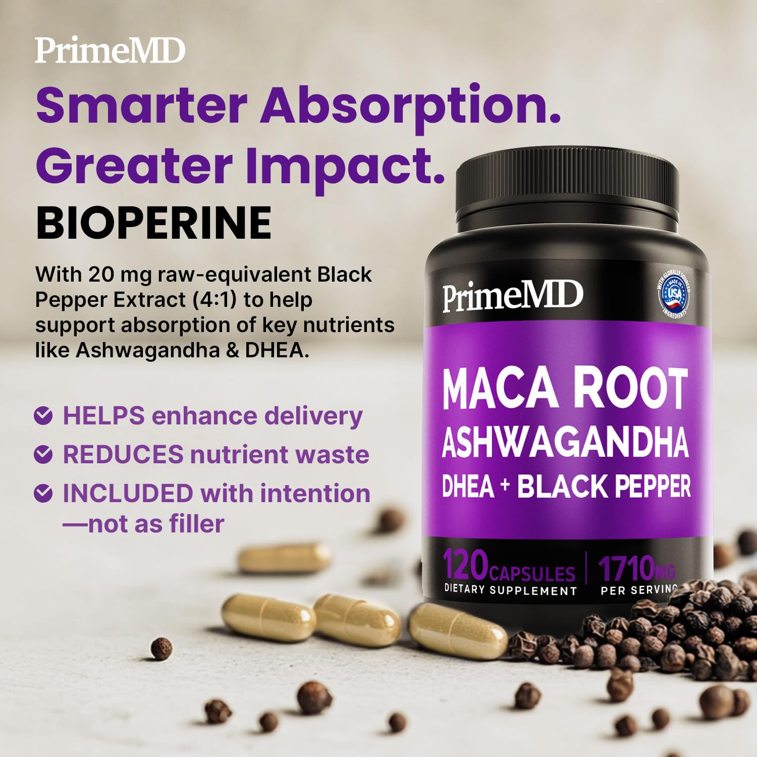 6-in-1 Organic Maca Root Ashwagandha Capsules 1710mg with DHEA and Black Pepper Fruit Extract for Women and Men - Black Maca Supplement for Stamina, Bone and Mood Support Supplement, 120ct (Pack of 3) PrimeMDAu supplements