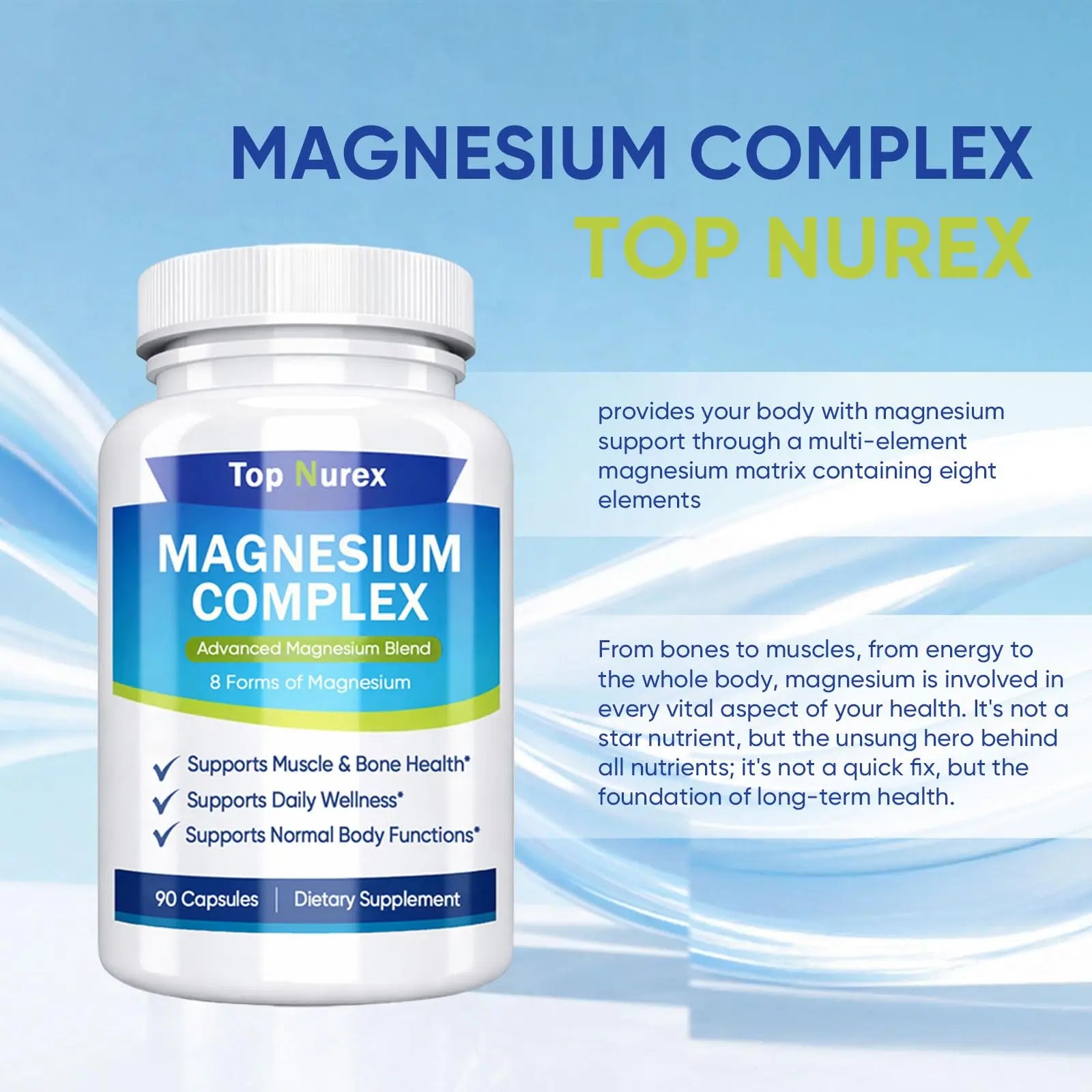 Top Nurex Magnesium Complex 1000 mg, 8-Source Magnesium Blend with Glycinate, Citrate, Malate & Taurate, Vegan Non-GMO Formula, 90 Capsules Kunnozznz supplements