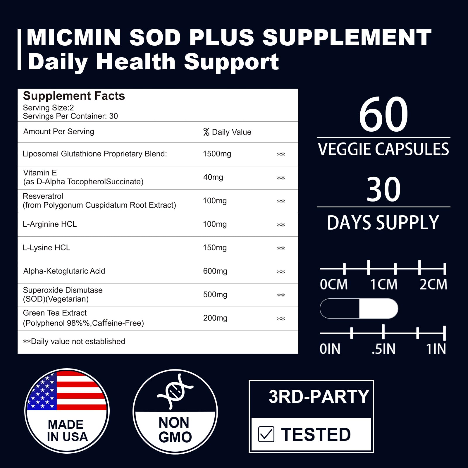 NICMIN 500MG Superoxide Dismutase Supplement - SOD Plus with Liposomal Glutathione, AKG, Green Tea Extract, L-Arginine, Lysine, Resveratrol and Vitamin E for Immune Support, Antioxidant 120 Capsules NICMINAu supplements