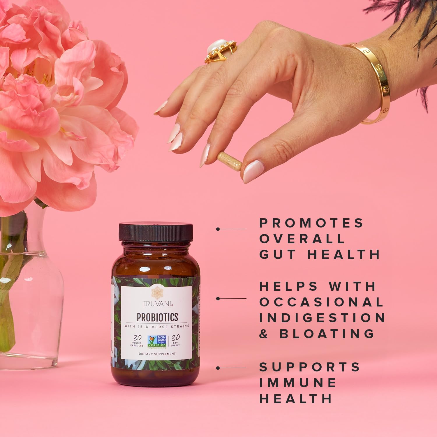 Truvani Probiotic Supplement | 30 Servings | 15 Billion CFU | 15 Diverse Strains for Digestive, Immune & Brain Health Support | Shelf-Stable Vegan Capsules | Non-GMO, No Fillers TruvaniAu supplements