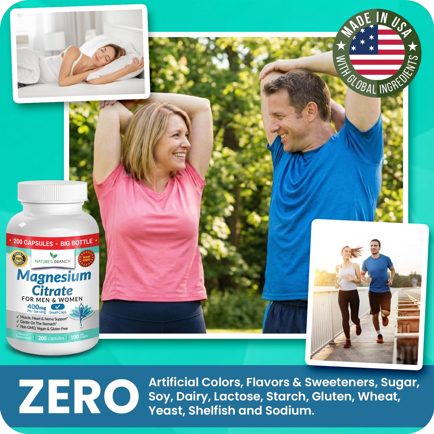 Magnesium Citrate 400mg | 200 Capsules, High Absorption for Sleep, Relax, Leg Cramps, Energy, Extra Strength Easy to Swallow Small Pills for Women & Men, Vegan Supplement for Digestion, Not Tablets NATURE'S BRANCHAu supplements