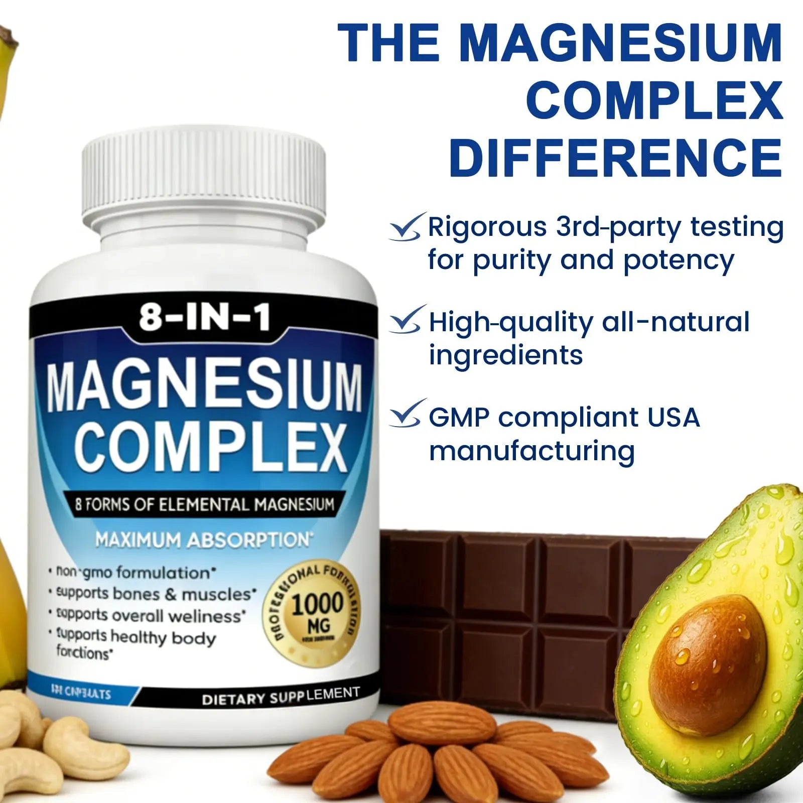 Magnesium Complex Supplement 8-in-1 Elemental 1000mg, Magnesium Glycinate, Malate & Citrate, Vegan, Non-GMO 90 Capsules MIRACLE OFFICIALnz supplements