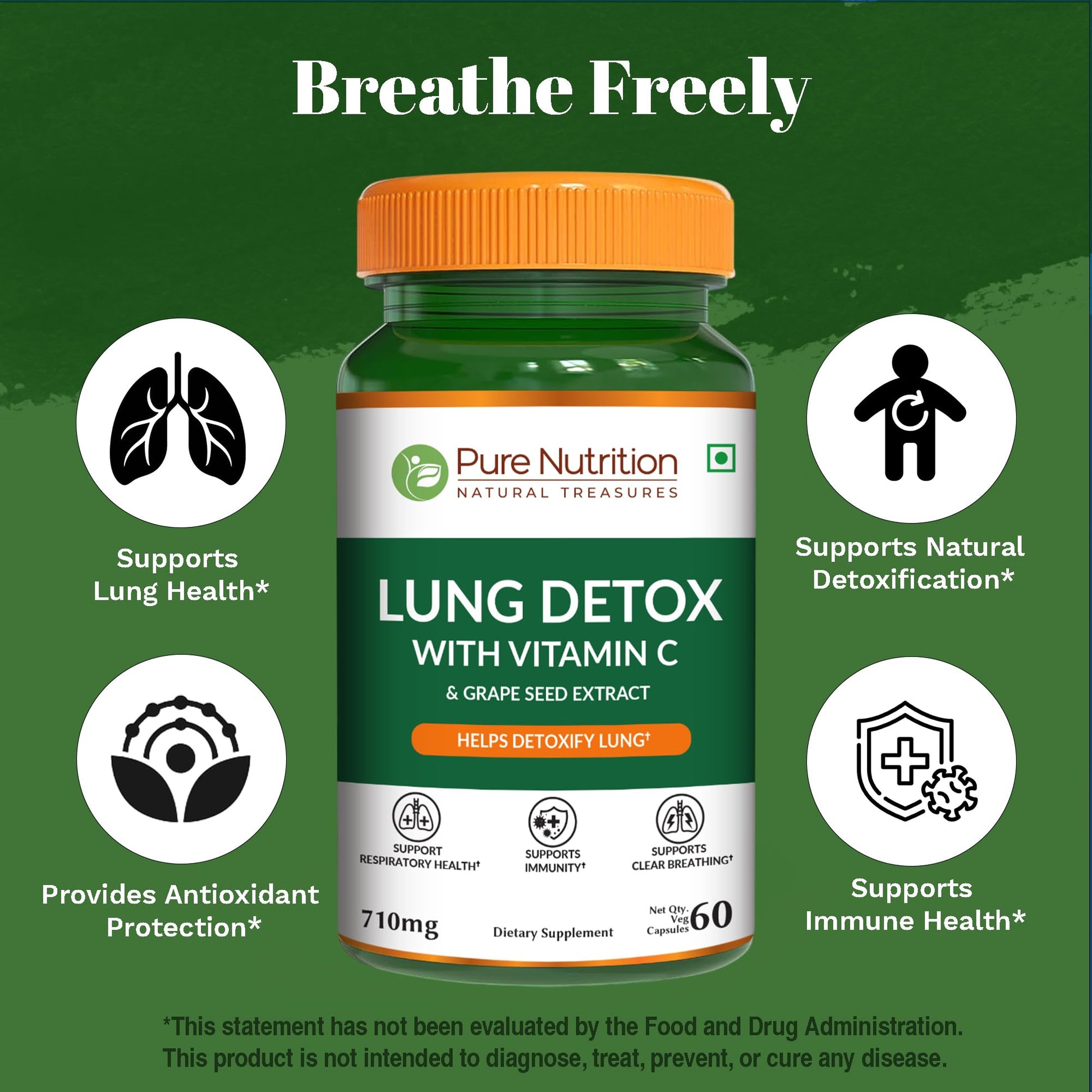 Pure Nutrition Lung Health Supplement | 60 Caps | Herbal Lung Support Formula with Quercetin, Vitamin C, Nettle, Vasaka Leaf, Lotus, Licorice & Ginger. PURE NUTRITION NATURAL TREASURESAu supplements