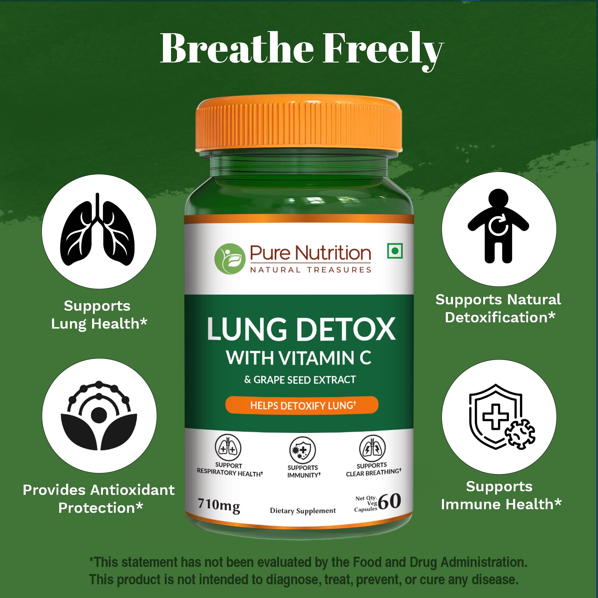 Pure Nutrition Lung Health Supplement | 60 Caps | Herbal Lung Support Formula with Quercetin, Vitamin C, Nettle, Vasaka Leaf, Lotus, Licorice & Ginger. PURE NUTRITION NATURAL TREASURESAu supplements