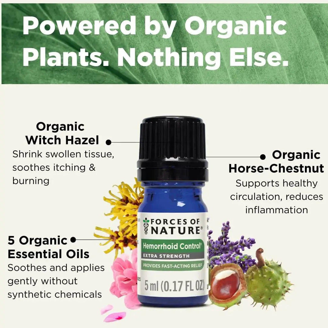 Forces of Nature Hemorrhoid Control Extra Strength, Organic Homeopathic Medicine with Witch Hazel, Horse Chestnut, and Soothing Essential Oils for Itching, Swelling & Discomfort, 5ml (0.17 fl oz) Forces of NatureAu supplements