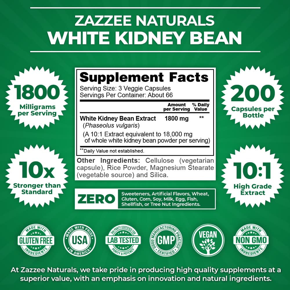 Zazzee White Kidney Bean 10:1 Extract, 18,000 mg Strength, 200 Vegan Capsules, Over 2 Month Supply ZazzeeAu supplements