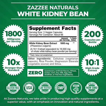 Zazzee White Kidney Bean 10:1 Extract, 18,000 mg Strength, 200 Vegan Capsules, Over 2 Month Supply ZazzeeUS supplements