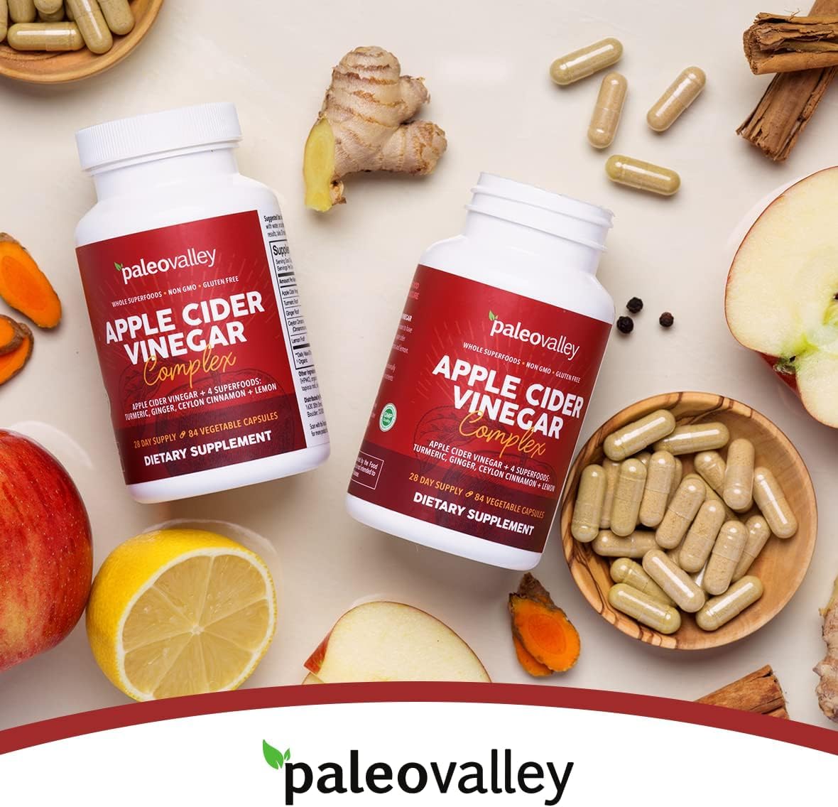 Paleovalley Apple Cider Vinegar Complex with Superfoods - Turmeric, Ginger, Ceylon Cinnamon and Lemon - 84 Vegetable Capsules PaleovalleyUS supplements