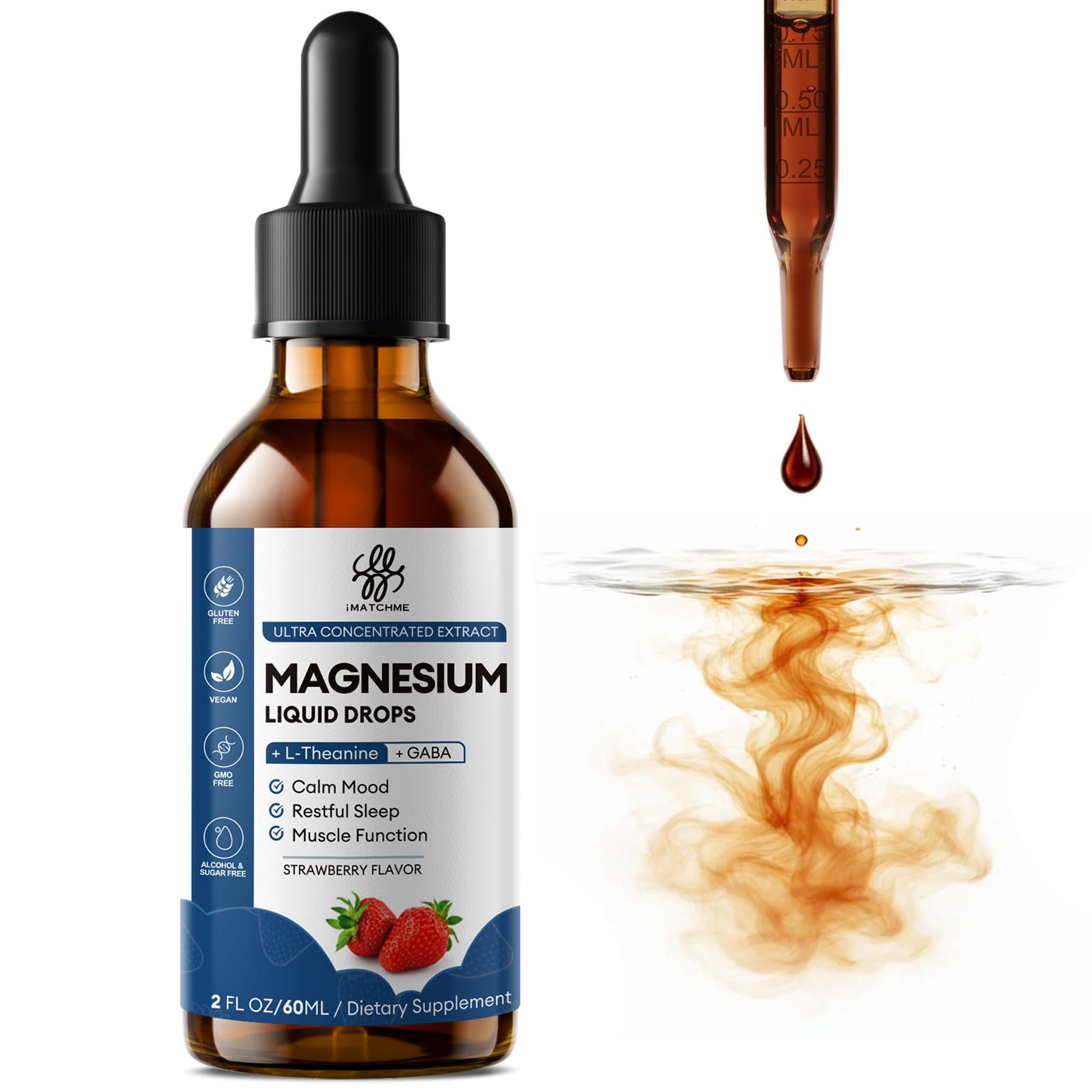 Liquid Magnesium Glycinate Drops for Nighttime Sleep & Calm Support, Triple Chelated Magnesium Complex with L-Theanine & GABA, Pre-Dissolved Liquid for Gentle Absorption, Strawberry Flavor, 2 Fl Oz iMATCHMEAu supplements