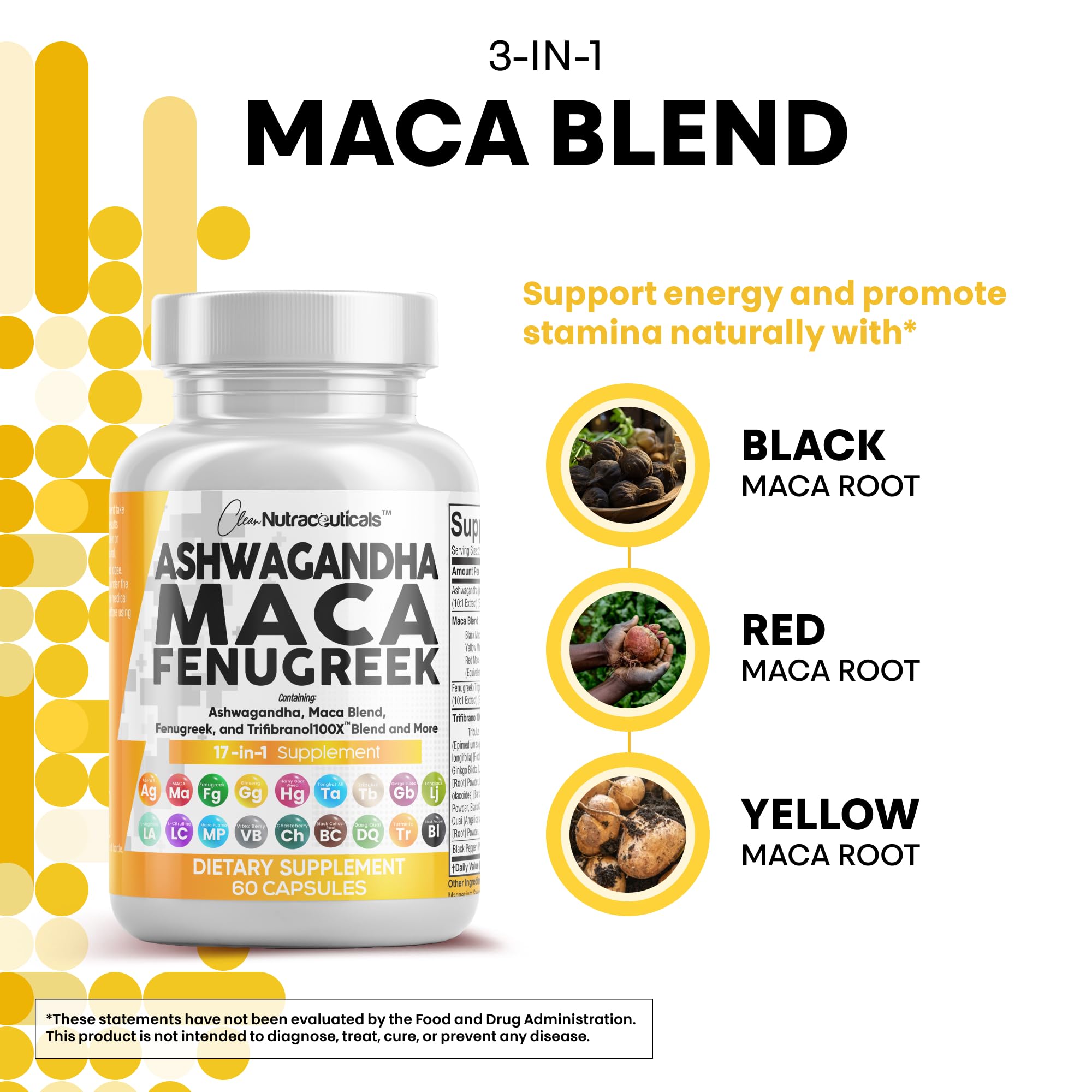 Clean Nutraceuticals Ashwagandha Maca Root Fenugreek Supplement with Tongkat Ali Ginseng - Assists with Stress, Mood & Thyroid - Ashwagandha Capsules Fenugreek Caps - 1 Pack Clean NutraceuticalsAu supplements
