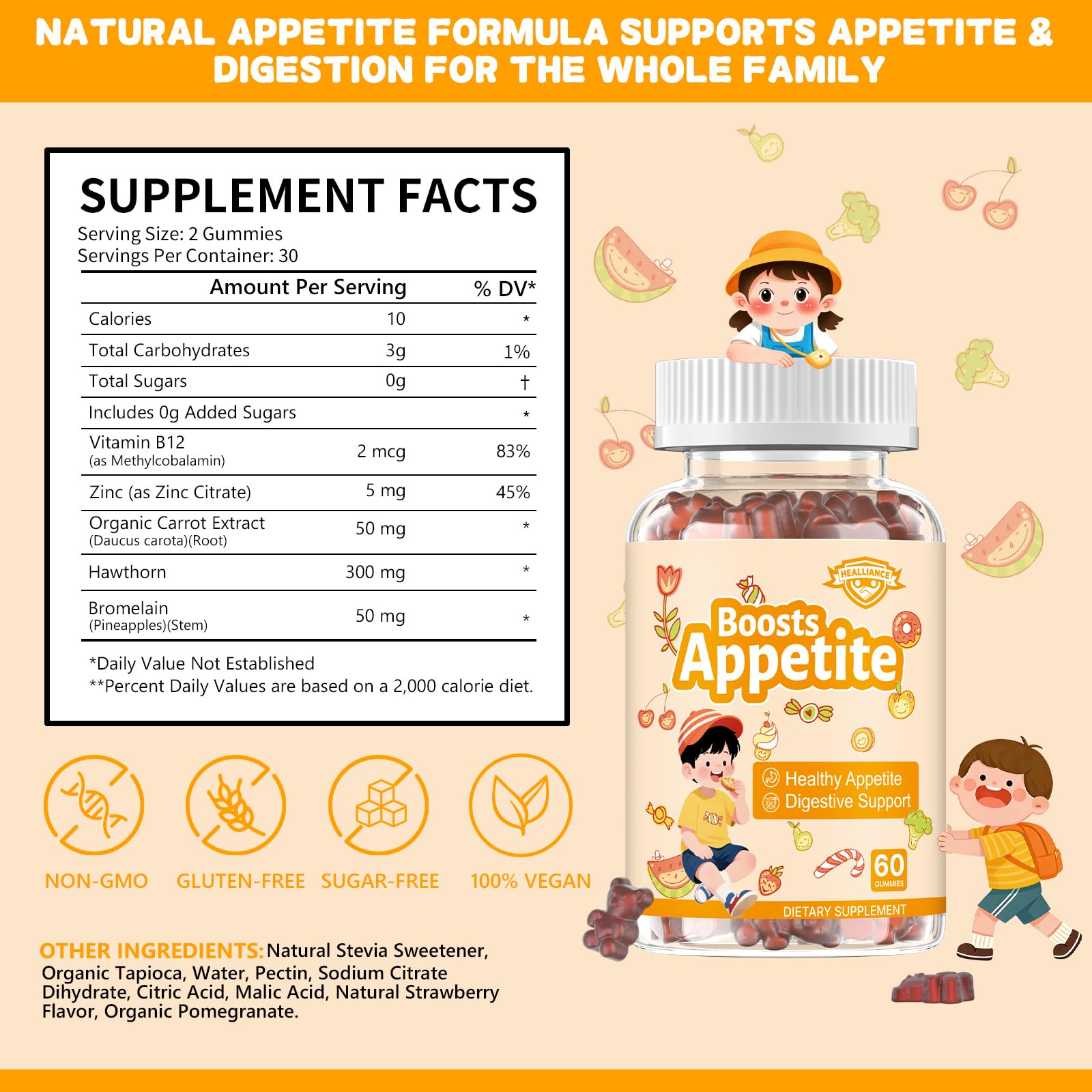 Appetite Booster Gummies for Kids Adults – Natural Blend of Hawthorn Zinc Carrot Supports Digestion Helps Increase Appetite, Promotes Healthy Eating Habits for Picky Eaters (Mixed Fruit Flavor) HeallianceAu supplements