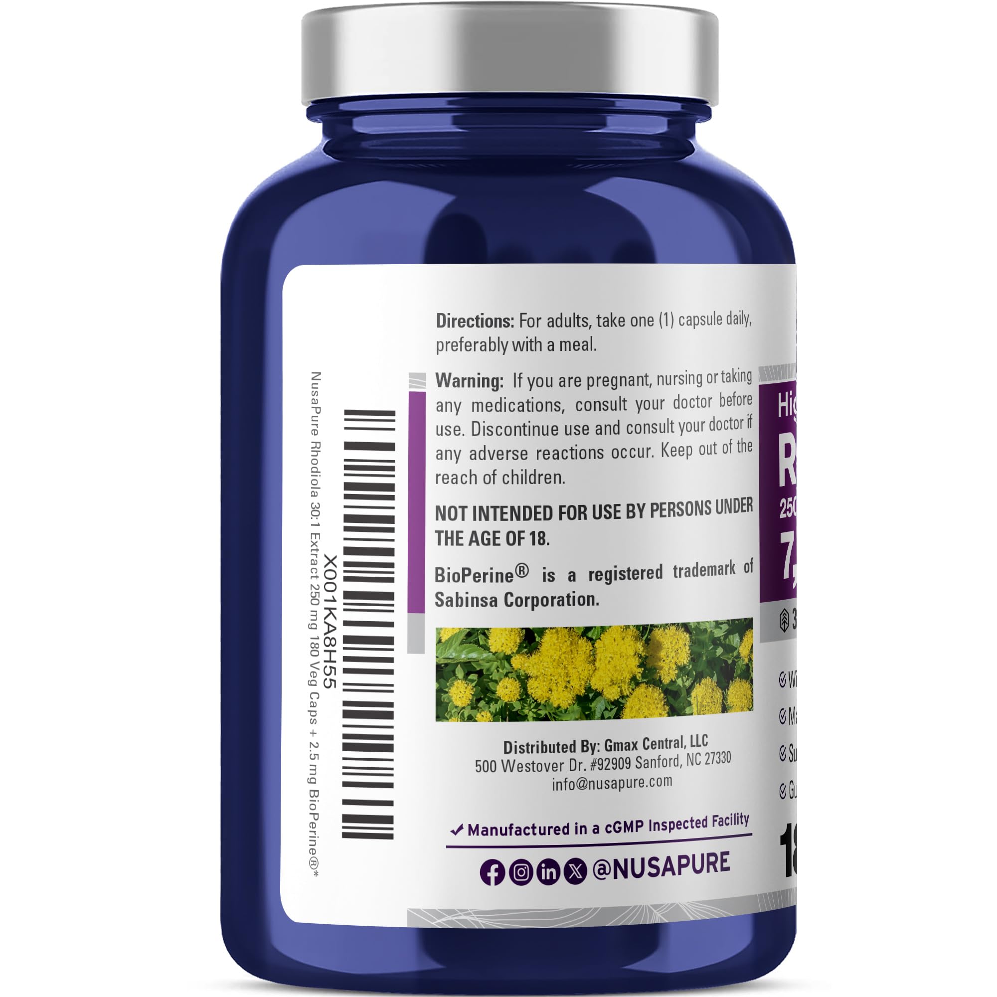 NusaPure Rhodiola Rosea 7,500mg 180 Veggie Capsules (Non-GMO, Extract 30:1, Vegan & Gluten-Free) Bioperine NusaPureAu supplements