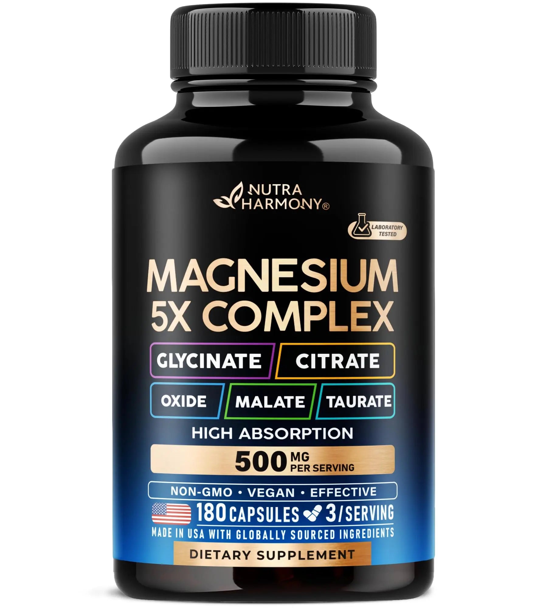 Magnesium Supplement - 5 in 1 Complex | Glycinate | Citrate | Malate | Taurate | Oxide - Made in USA - Stress, Muscle & Heart Support - Vegan, Natural, Non-GMO - 180 Capsules, 2 Month Supply NUTRAHARMONYAu supplements