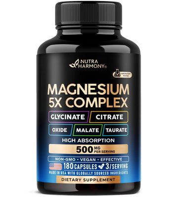 Magnesium Supplement - 5 in 1 Complex | Glycinate | Citrate | Malate | Taurate | Oxide - Made in USA - Stress, Muscle & Heart Support - Vegan, Natural, Non-GMO - 180 Capsules, 2 Month Supply NUTRAHARMONYAu supplements