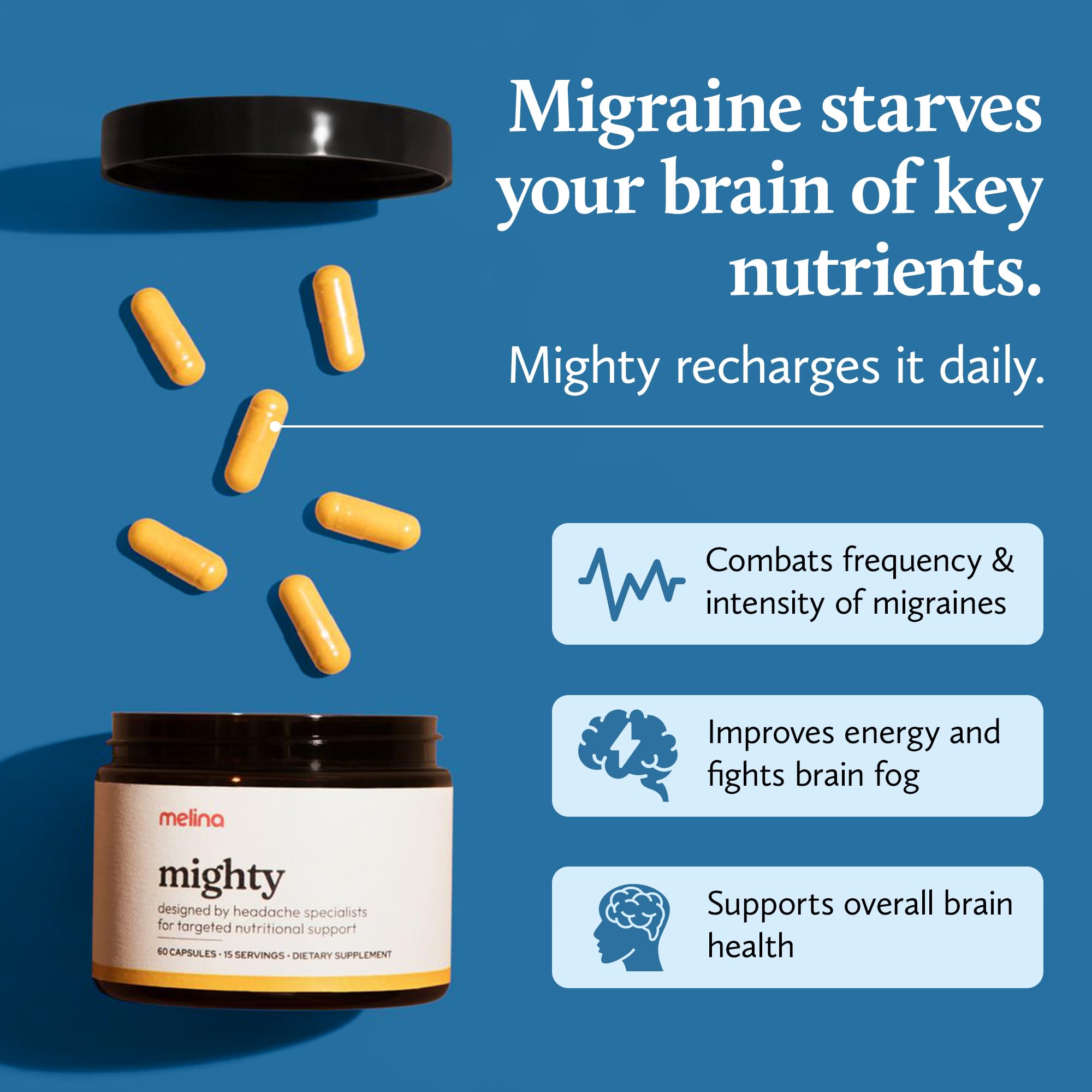 Melina Mighty Natural Migraine Relief Supplement - Magnesium, B2 Riboflavin 400mg, Feverfew, CoQ-10, ALCAR to Strengthen Migraine and Headache Prevention - 15 Servings (60 Caps) MelinaAu supplements