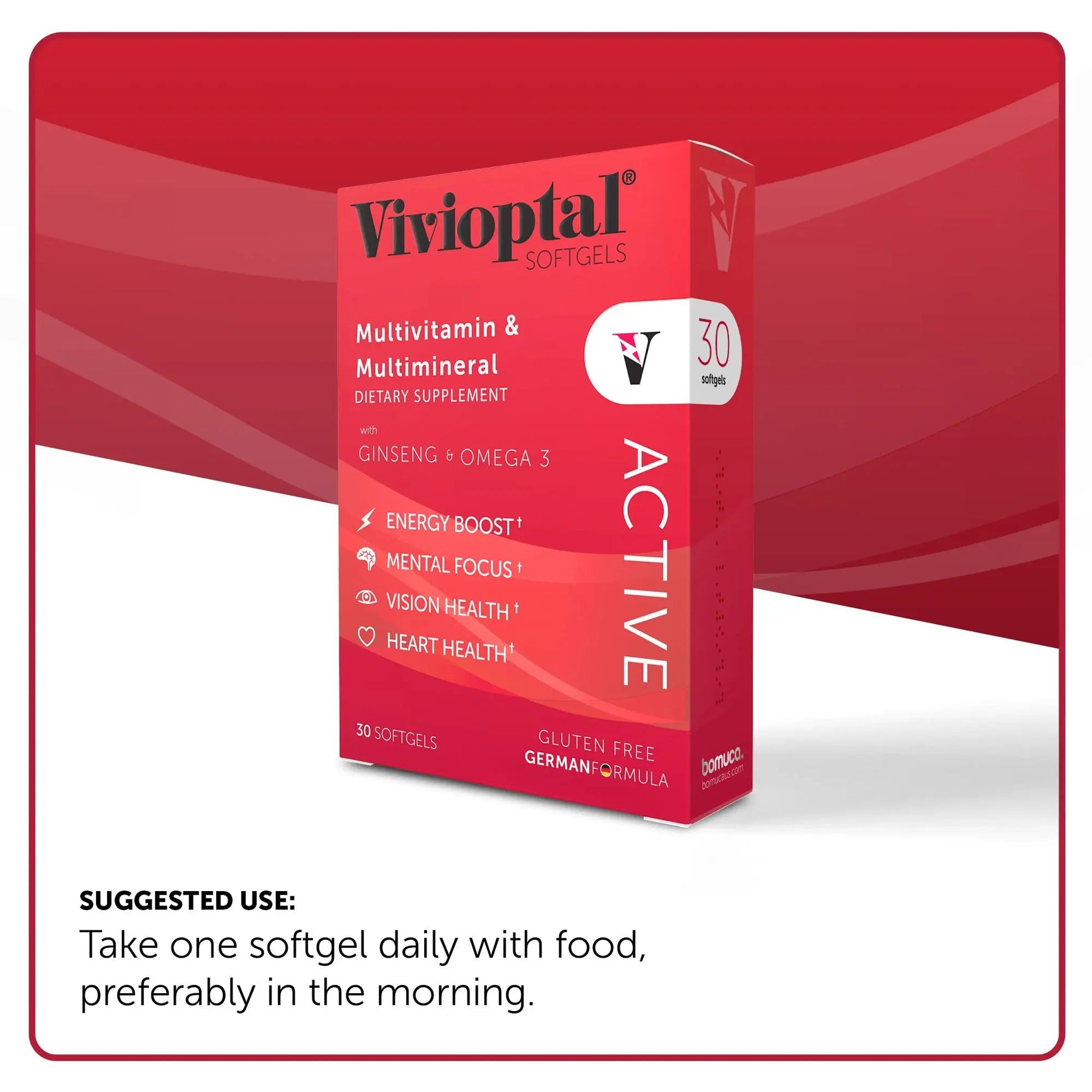 Vivioptal Active, 30 Softgels, Ginseng & Omega 3, Multivitamin & Multimineral, Gluten Free, German Formula Vivioptal VitaminsAu supplements