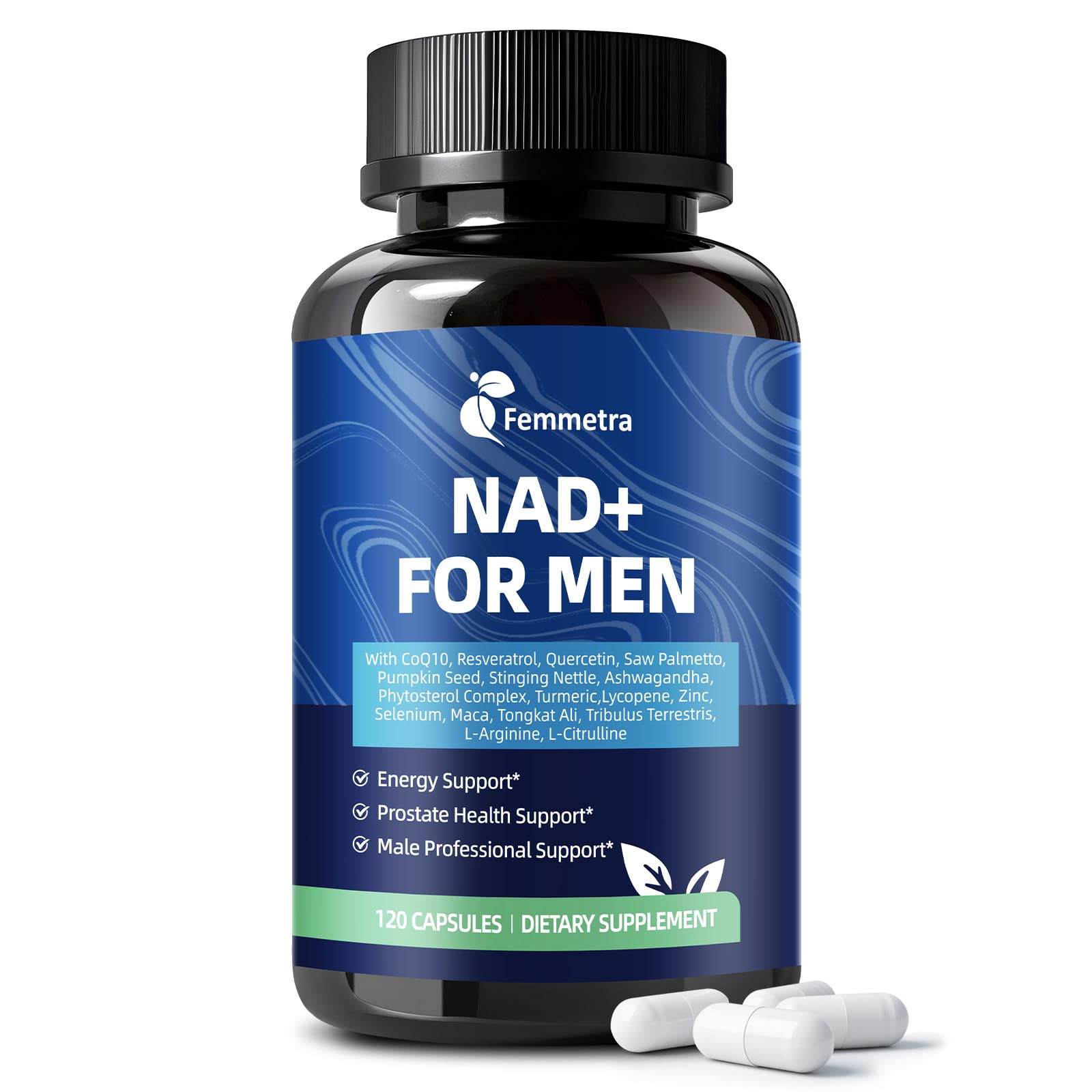 Femmetra NAD+ Supplements for Men with Saw Palmetto | All-in-One Cellular Energy, Prostate Support & Nitric Oxide Supplement with Resveratrol, L-Arginine | Non-GMO, 120 Capsules FemmetraAu supplements
