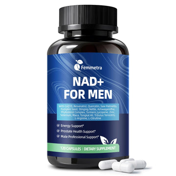 Femmetra NAD+ Supplements for Men with Saw Palmetto | All-in-One Cellular Energy, Prostate Support & Nitric Oxide Supplement with Resveratrol, L-Arginine | Non-GMO, 120 Capsules FemmetraAu supplements