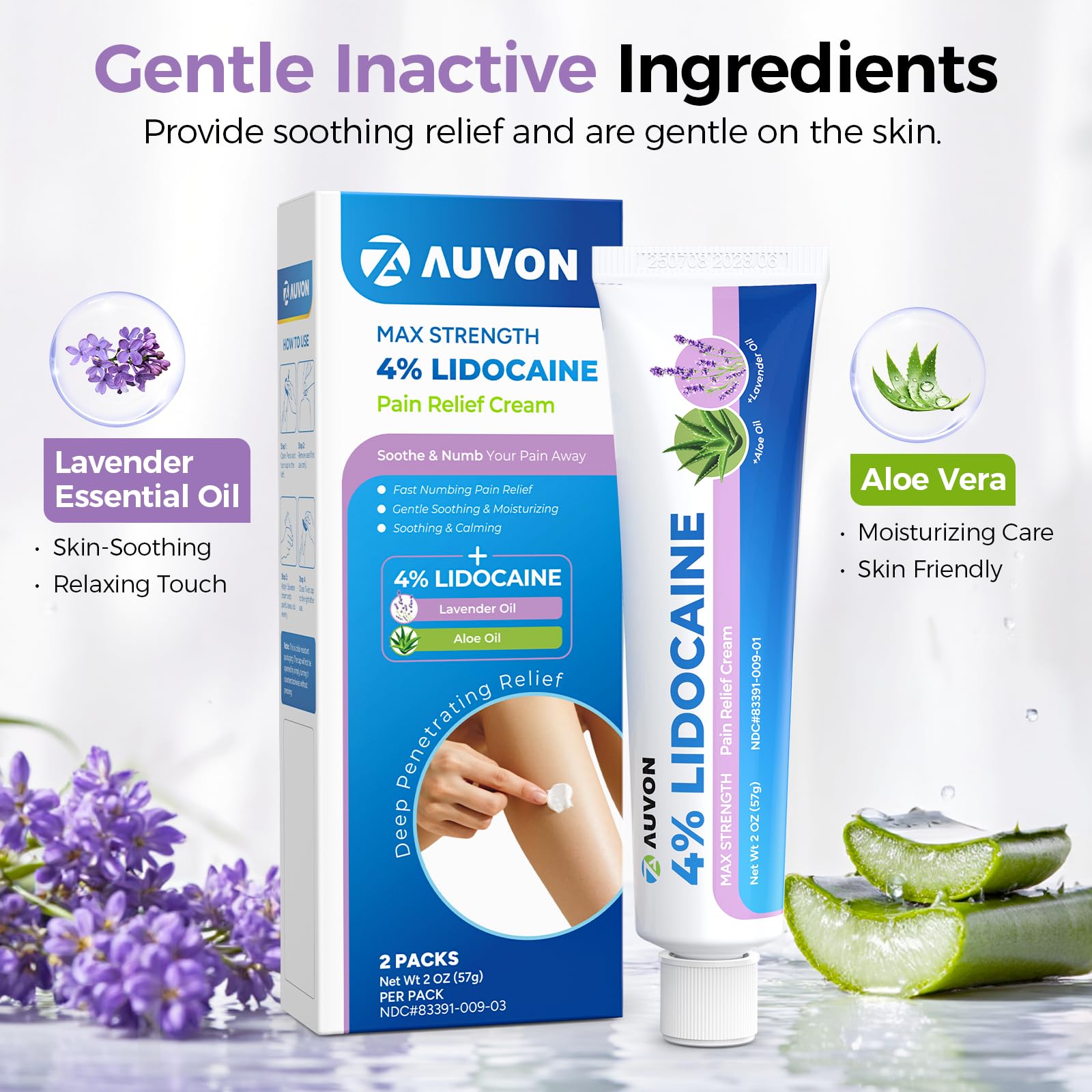 AUVON Max Strength Lidocaine Pain Relief Cream with Lavender & Aloe Vera, Numbing Cream for Minor Arthritis Pain, Soothing Muscle for Neck, Shoulder, Hip, Knee, Joint and Back Pain, 2 Oz, 2 Packs AUVONAu supplements