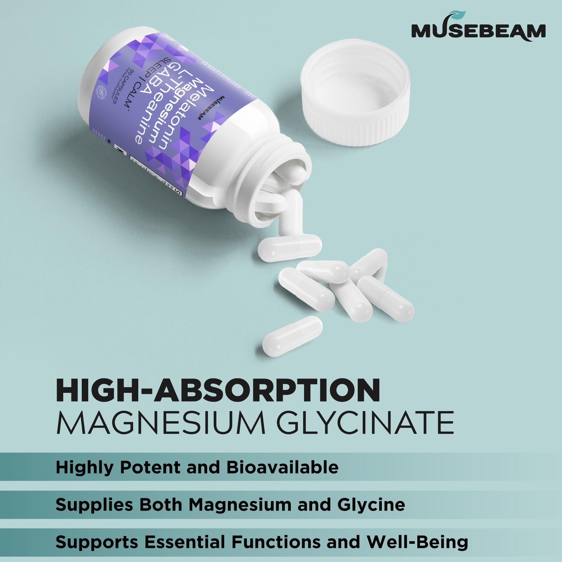 MuseBeam Magnesium Glycinate 275mg Melatonin 5mg L-Theanine 200mg GABA 100mg Capsules - Full Rest Nighttime Bedtime Support Supplement for Men Women - Vegan Sugar-Free Gluten-Free musebeamAu supplements