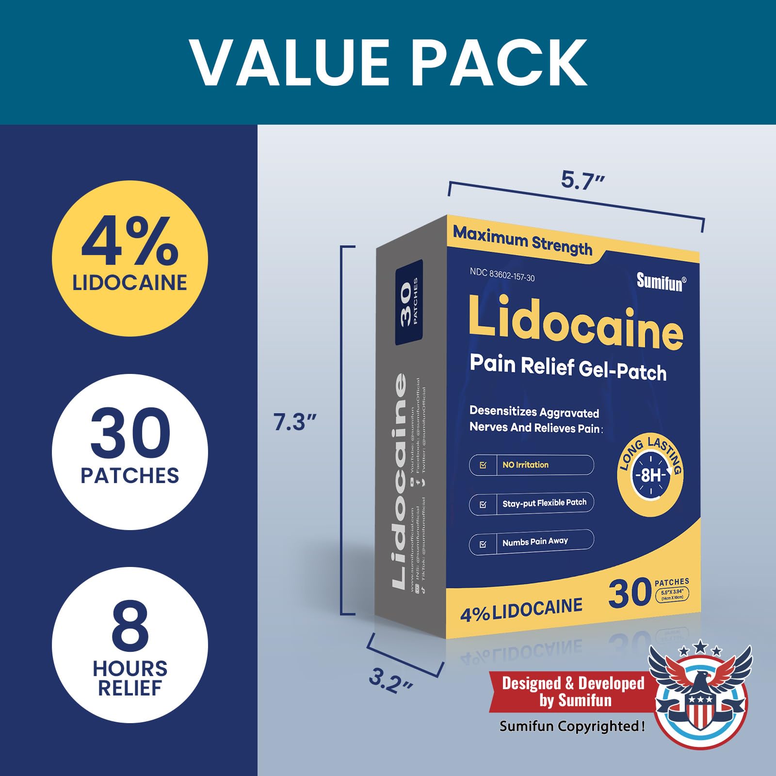 Sumifun 4% Lidocaine Pain Relief Patches 30 Count Maximum Strength Numbing Gel Patch for Back Knee Neck Joint Ache Muscle Soreness Topical Analgesic SumifunAu supplements